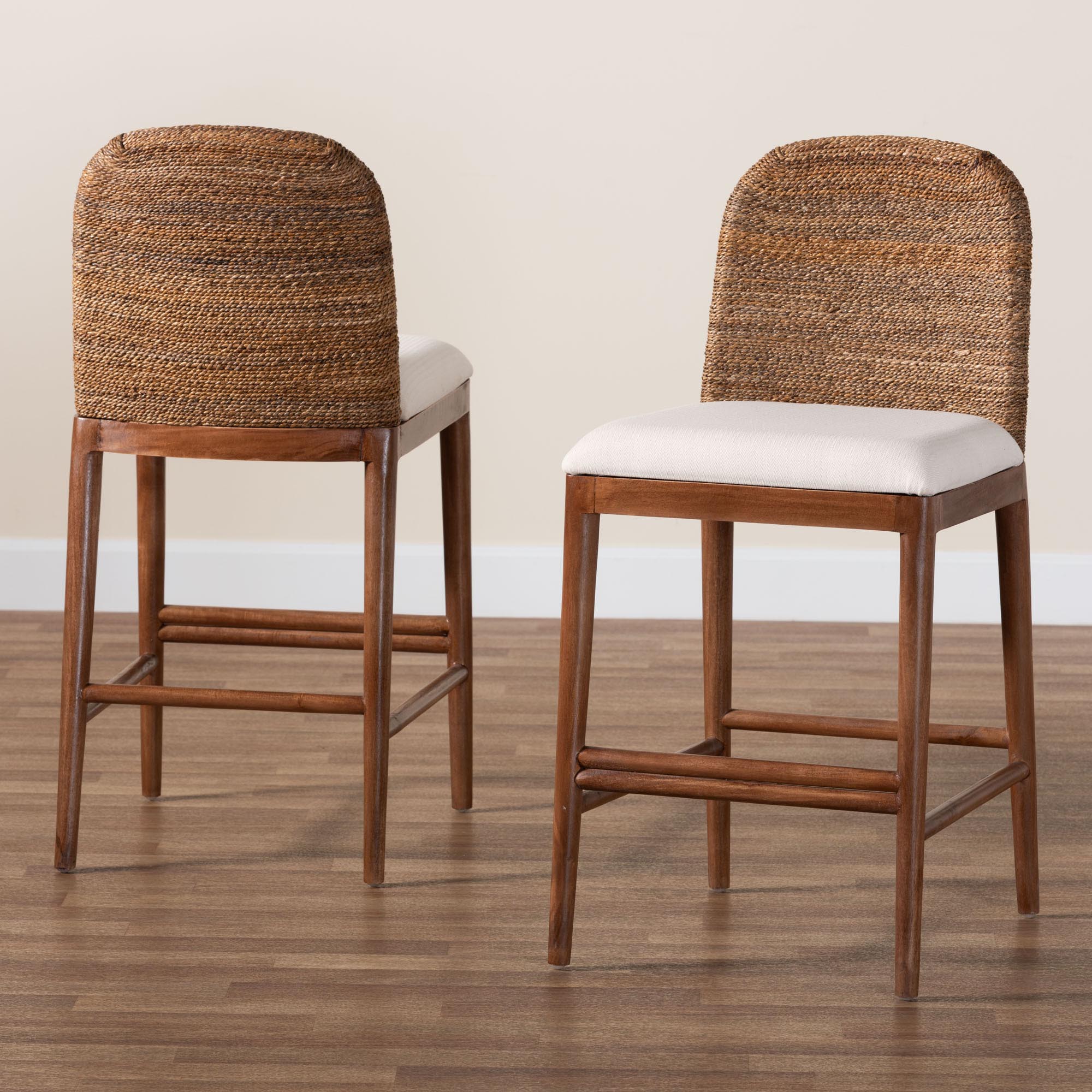 Baxton Studio bali & pari Nadim Modern Bohemian Natural Seagrass and Acacia Wood 2-Piece Counter Stool Set - Image 2