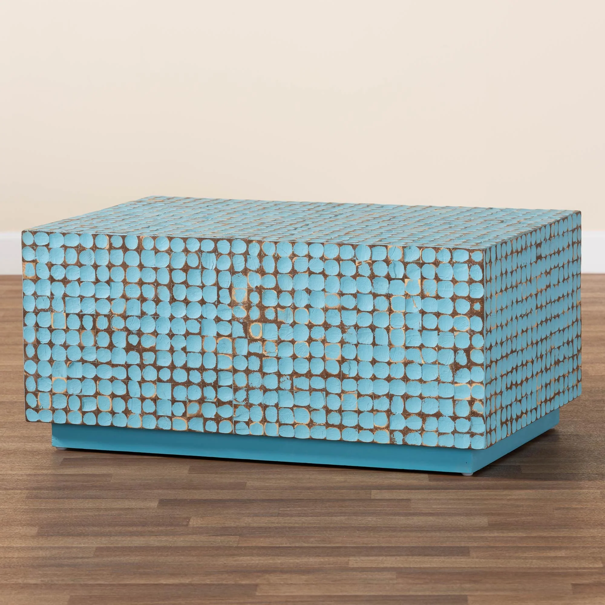 Baxton Studio bali & pari Nitza Bohemian Blue Coconut Shell and Acacia Wood Coffee Table - Image 2