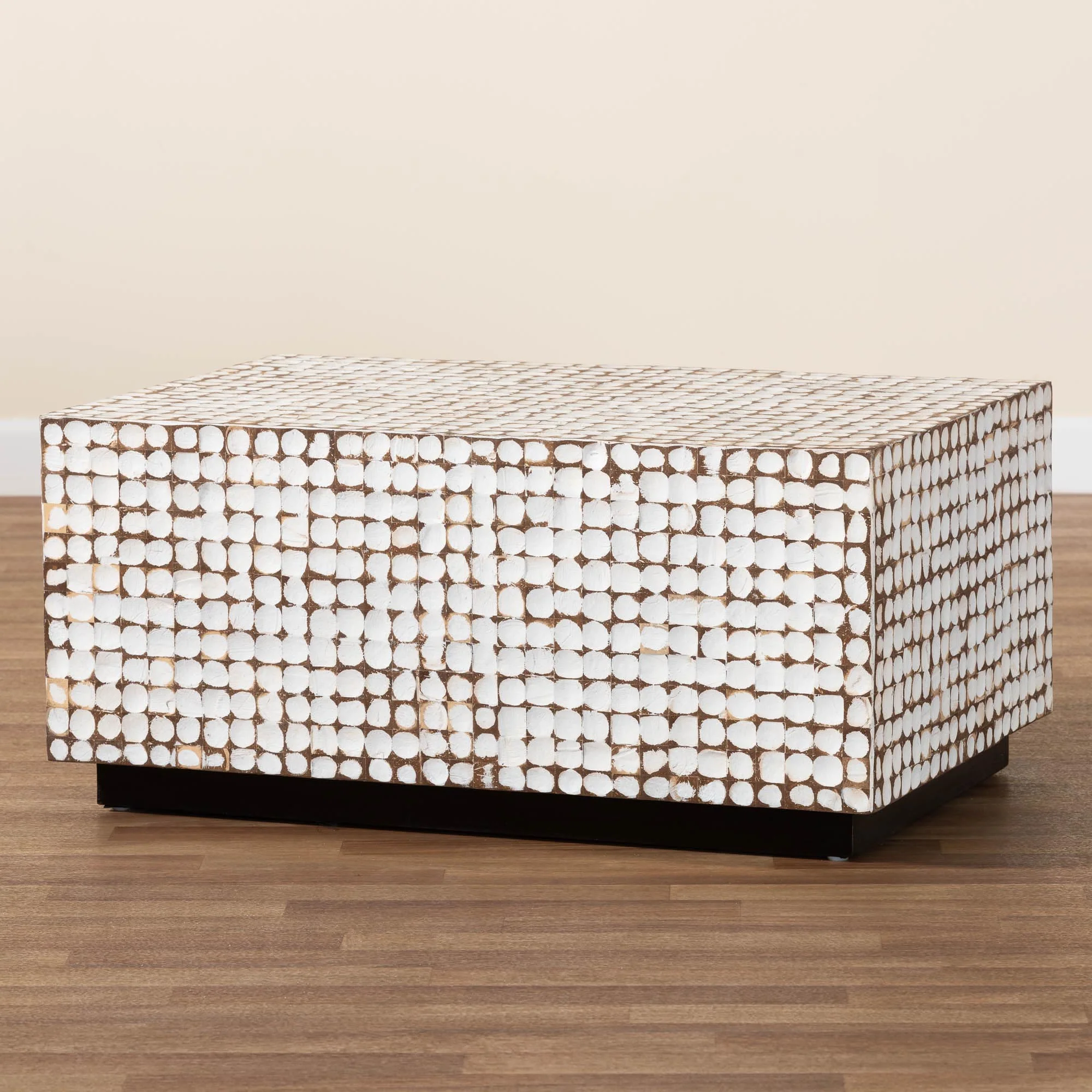Baxton Studio bali & pari Nitza Bohemian White Coconut Shell and Acacia Wood Coffee Table - Image 2