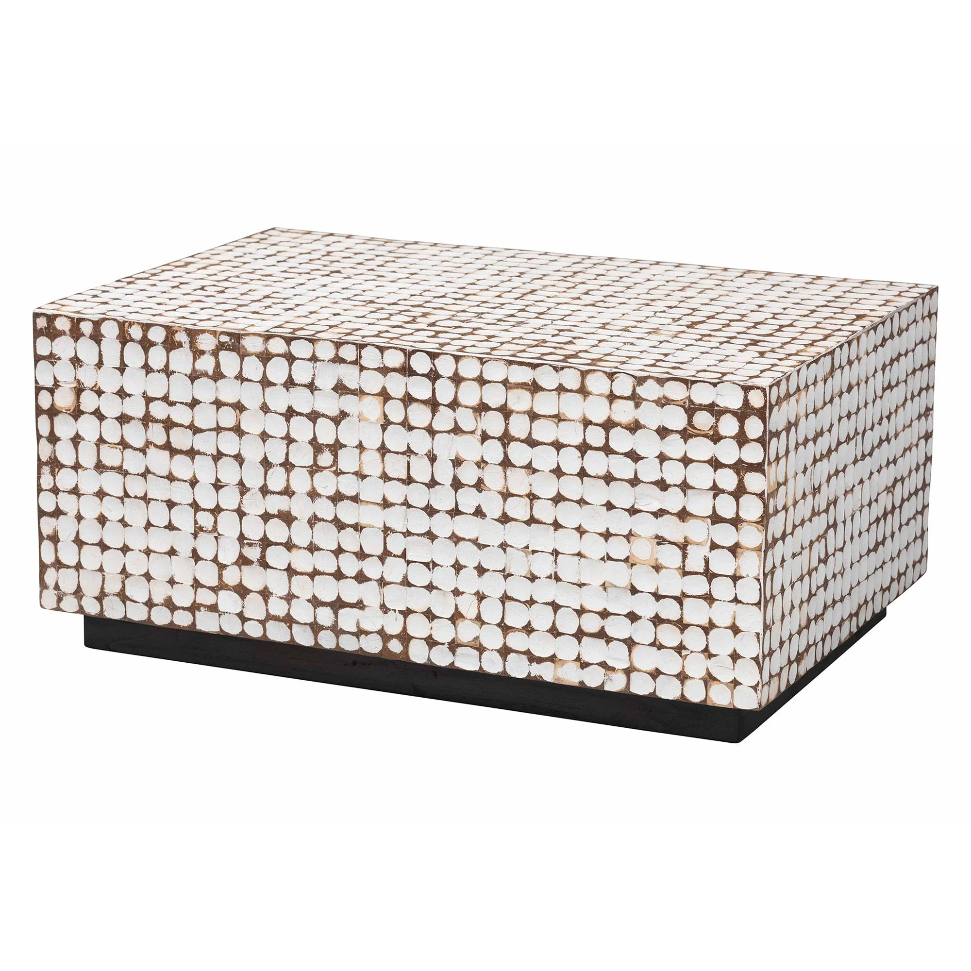 Baxton Studio bali & pari Nitza Bohemian White Coconut Shell and Acacia Wood Coffee Table - Image 4