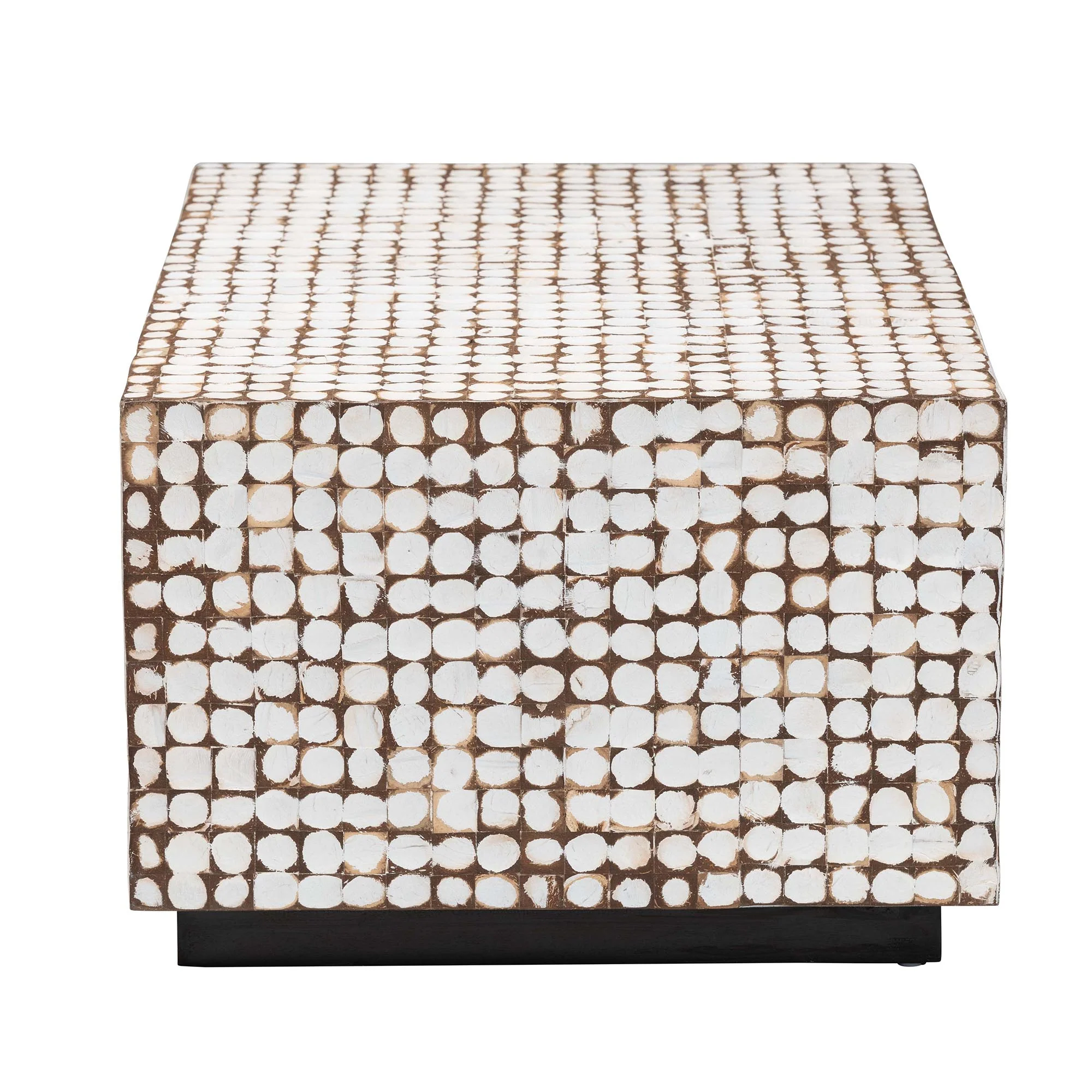 Baxton Studio bali & pari Nitza Bohemian White Coconut Shell and Acacia Wood Coffee Table - Image 6
