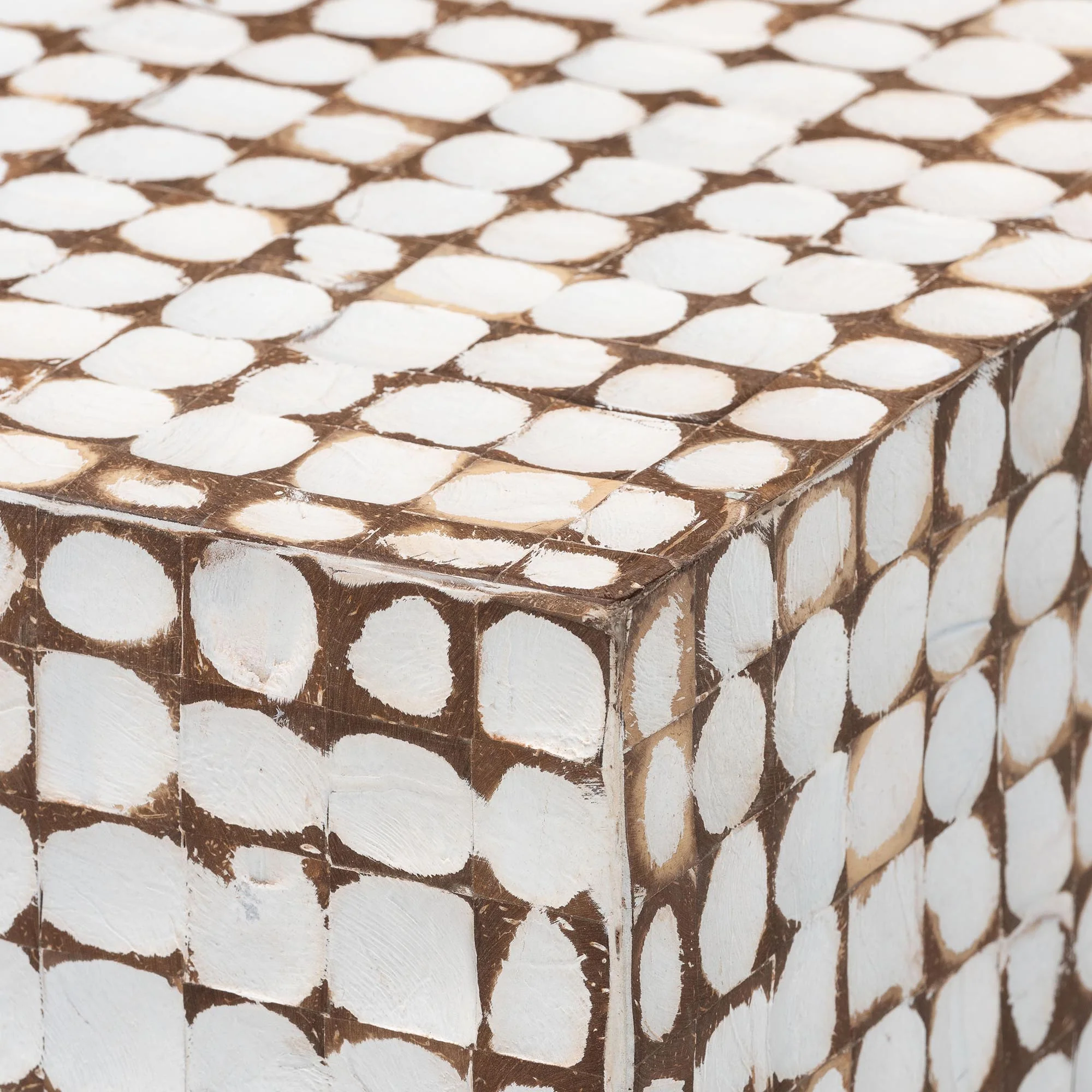 Baxton Studio bali & pari Nitza Bohemian White Coconut Shell and Acacia Wood Coffee Table - Image 7
