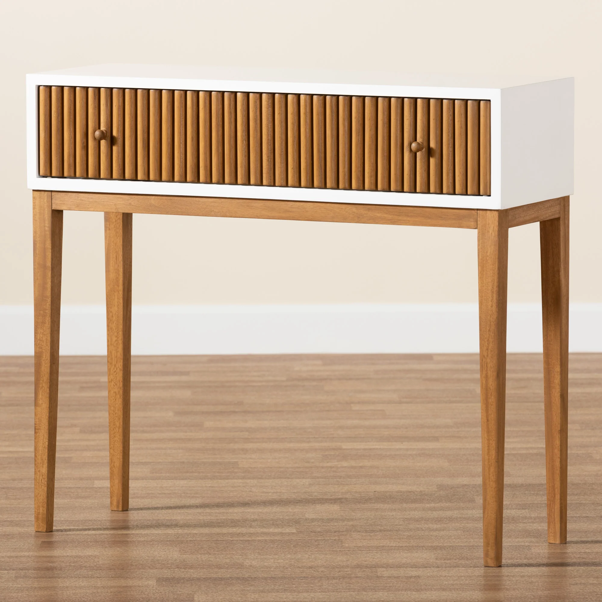 Baxton Studio bali & pari Odile Mid-Century Modern Two-Tone Natural Brown and White Bayur Wood 1-Drawer Console Table - Image 2