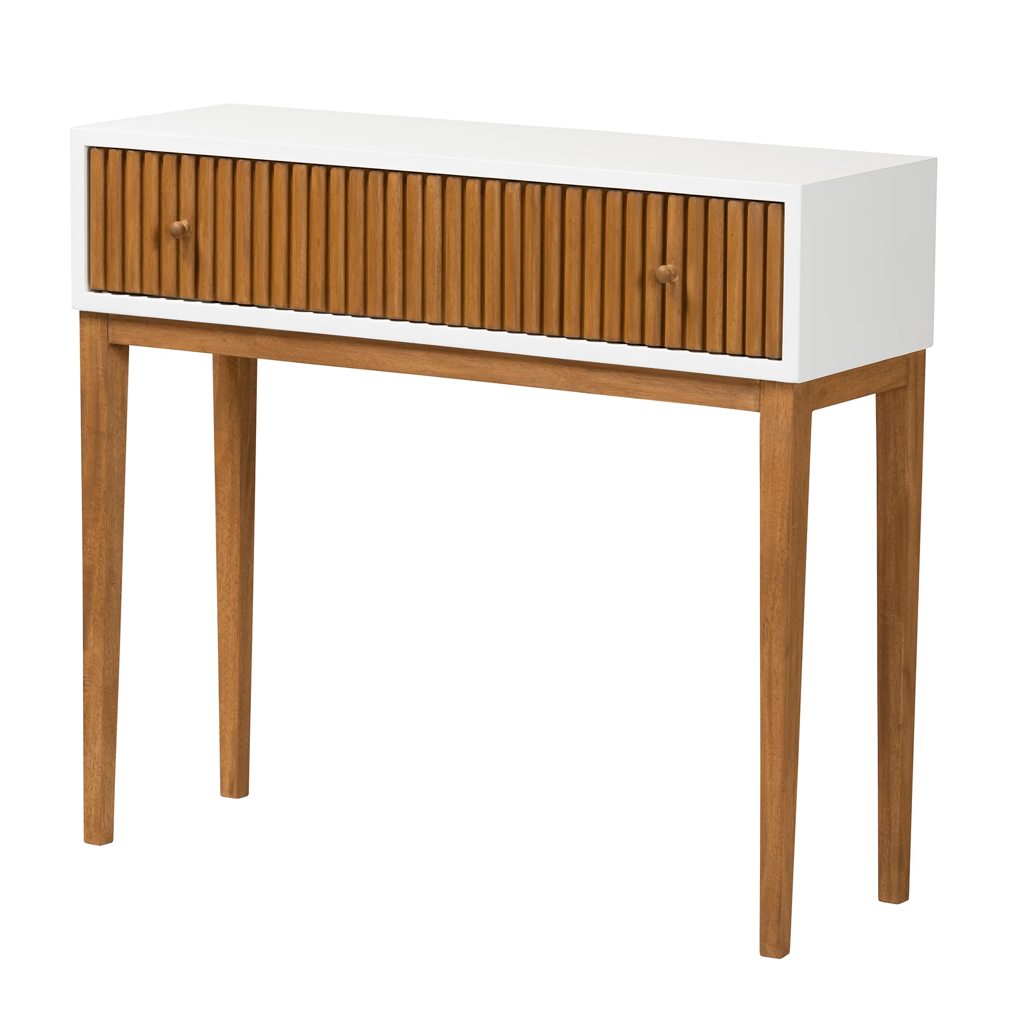 Baxton Studio bali & pari Odile Mid-Century Modern Two-Tone Natural Brown and White Bayur Wood 1-Drawer Console Table - Image 4