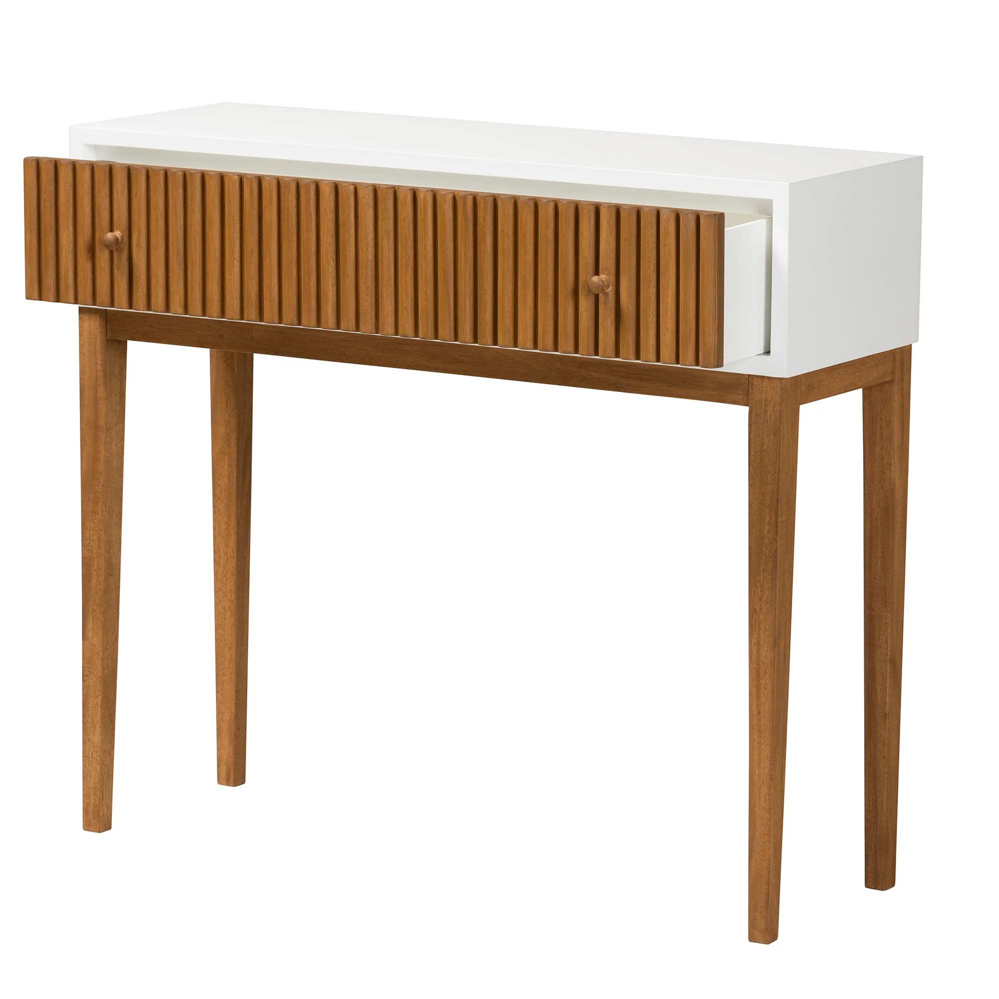 Baxton Studio bali & pari Odile Mid-Century Modern Two-Tone Natural Brown and White Bayur Wood 1-Drawer Console Table - Image 5