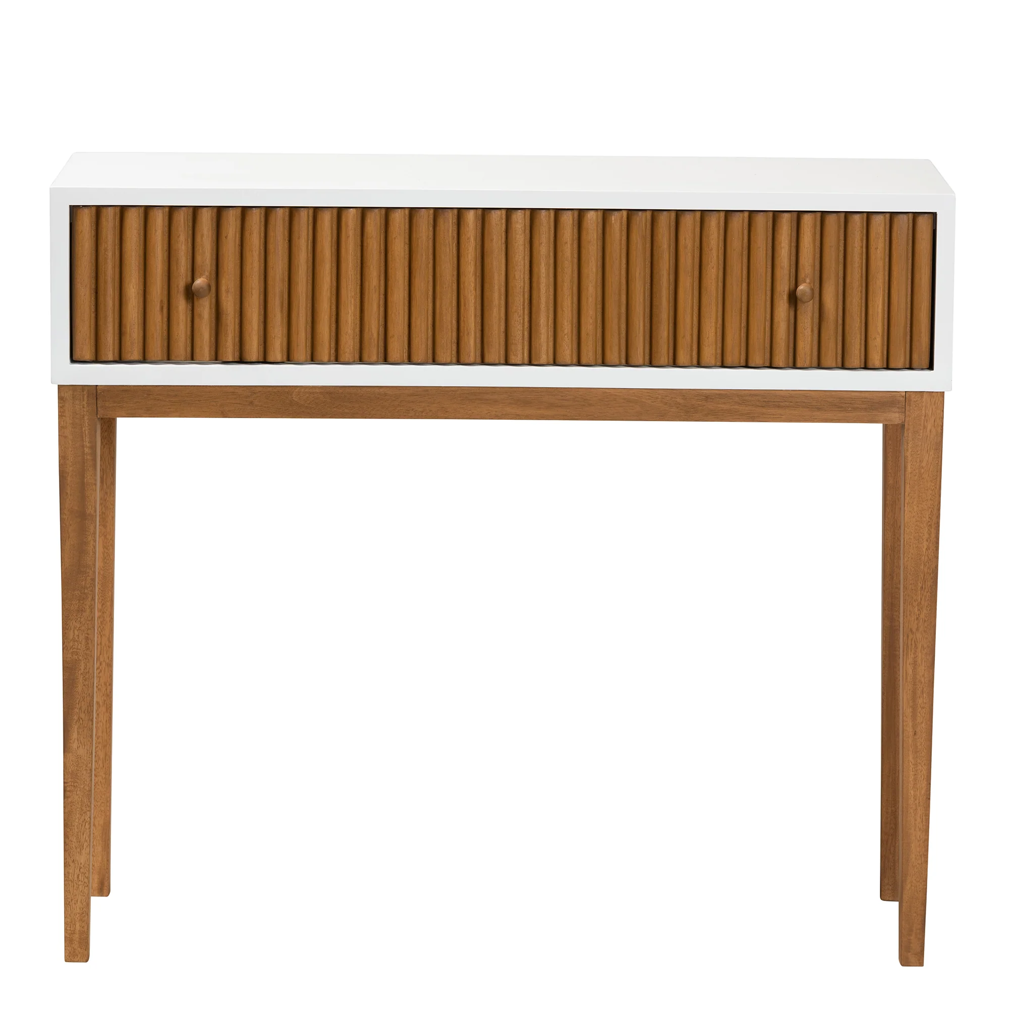 Baxton Studio bali & pari Odile Mid-Century Modern Two-Tone Natural Brown and White Bayur Wood 1-Drawer Console Table - Image 6