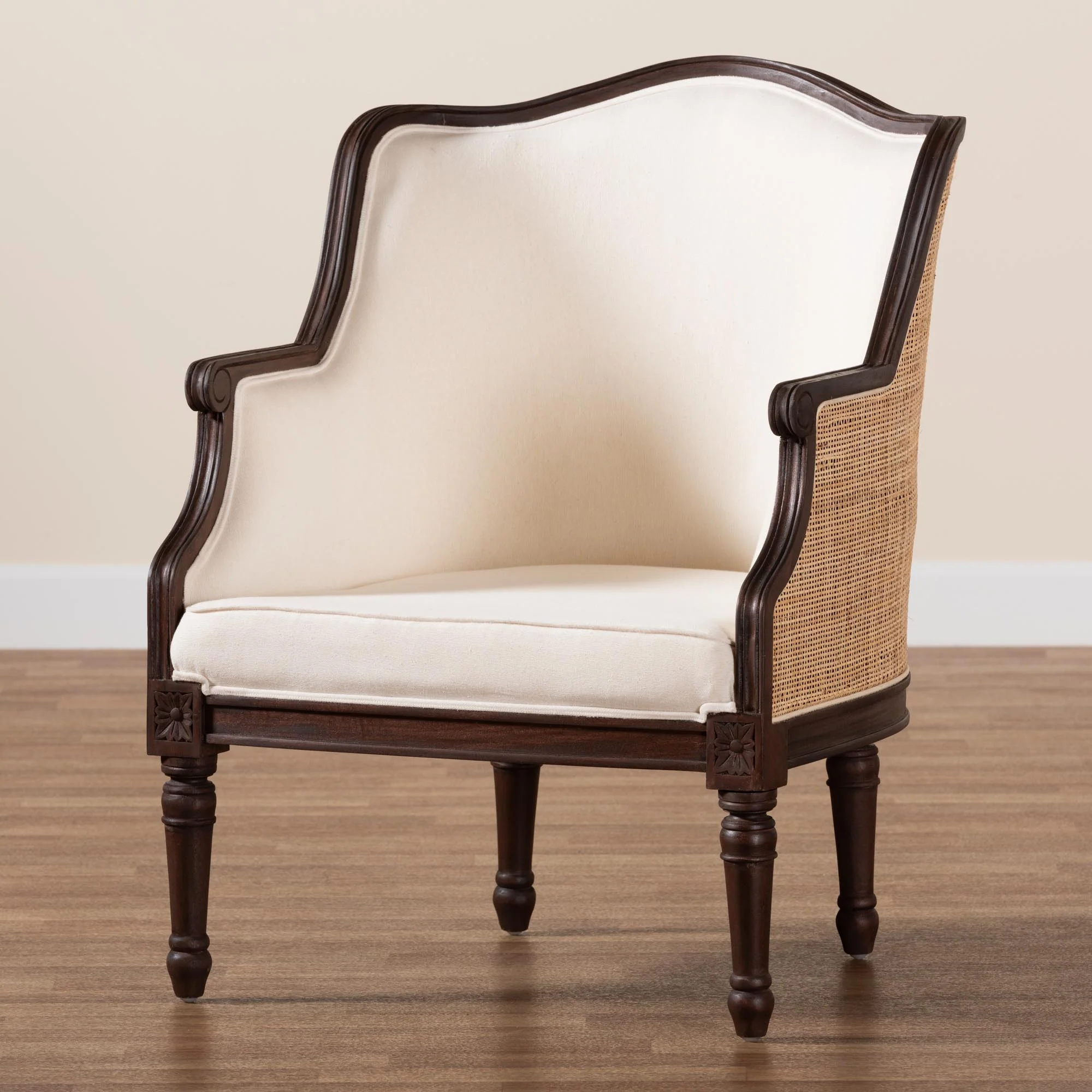 Baxton Studio bali & pari Ornella Traditional French Beige Fabric and Dark Brown Finished Wood Accent Chair - Image 2