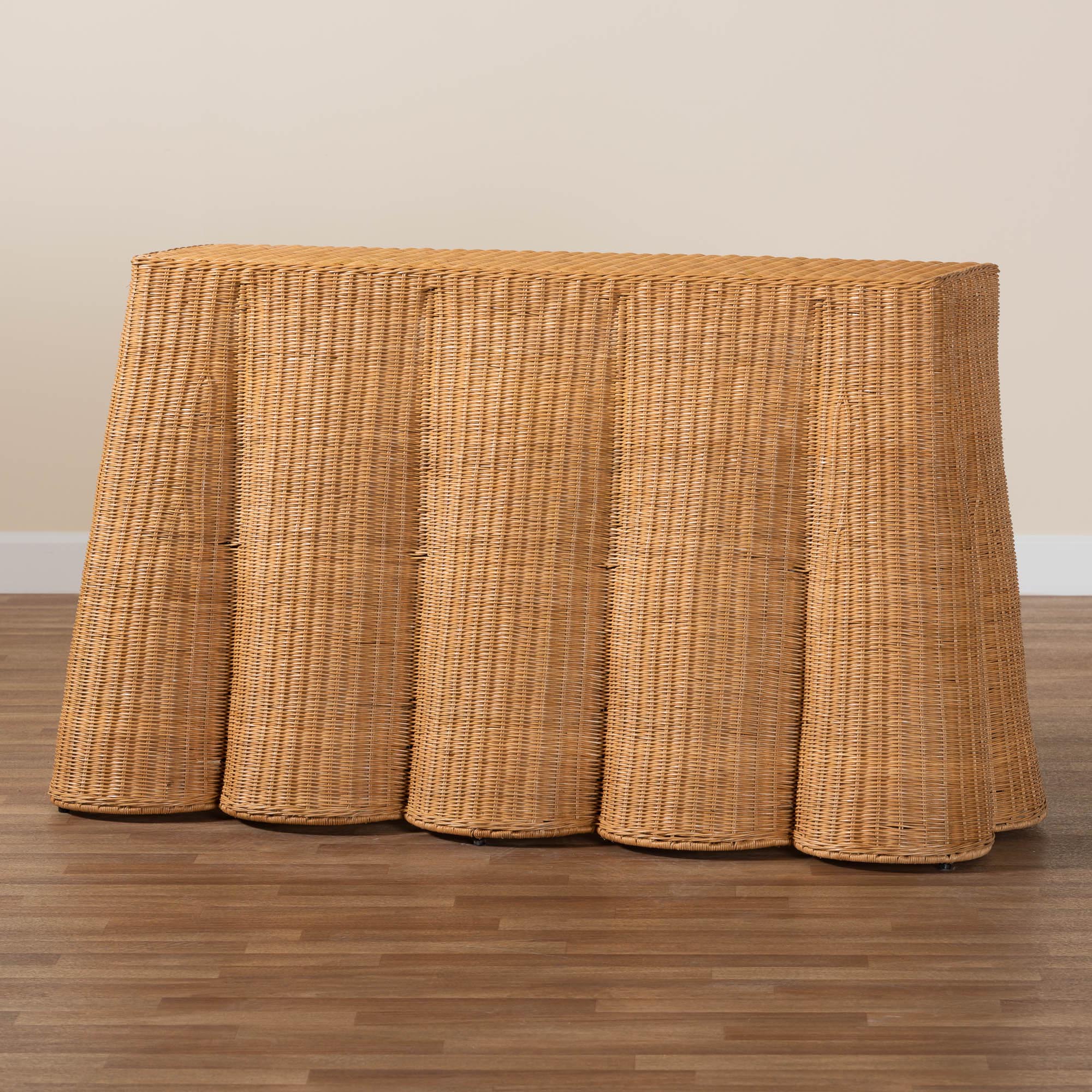 Baxton Studio bali & pari Palm Bohemian Honey Scallop Rattan Console Table - Image 9