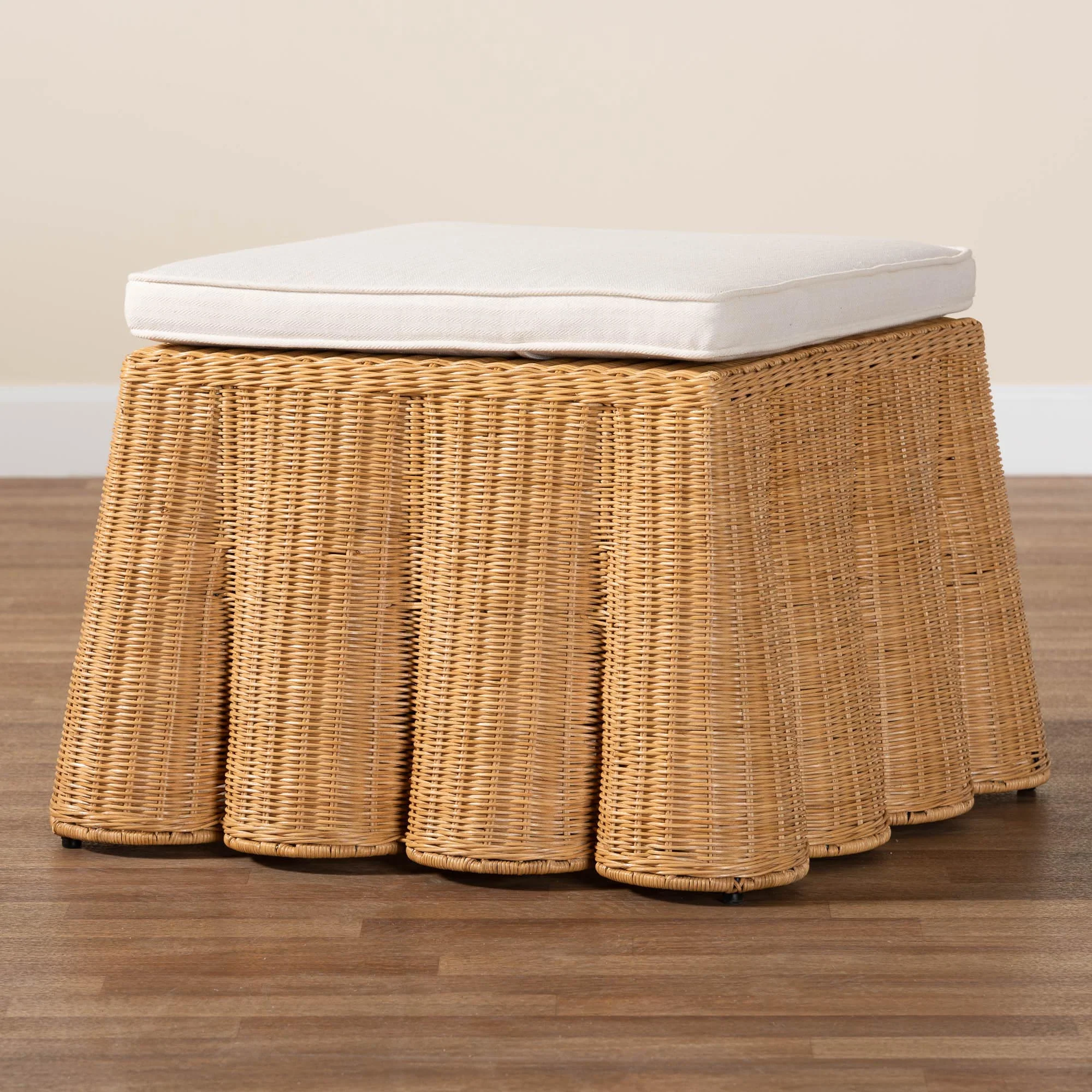 Baxton Studio bali & pari Palm Bohemian Honey Scallop Rattan Ottoman - Image 6