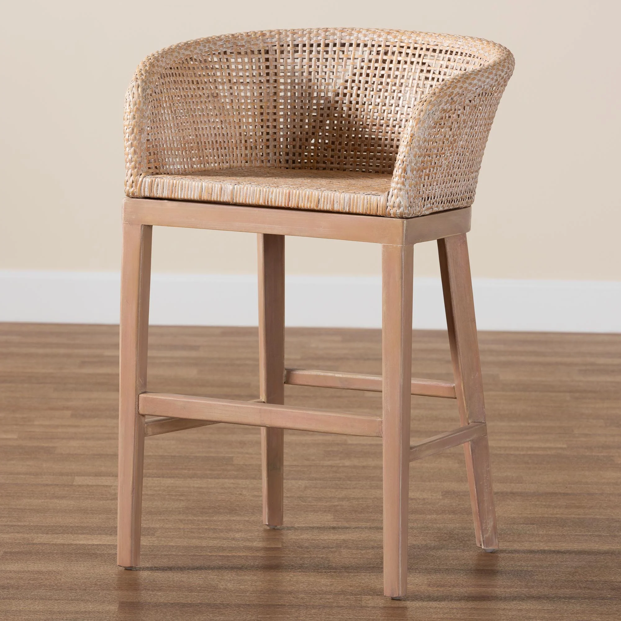 Baxton Studio bali & pari Papua Modern Bohemian Antique White Washed Rattan and Mahogany Wood Counter Stool - Image 9