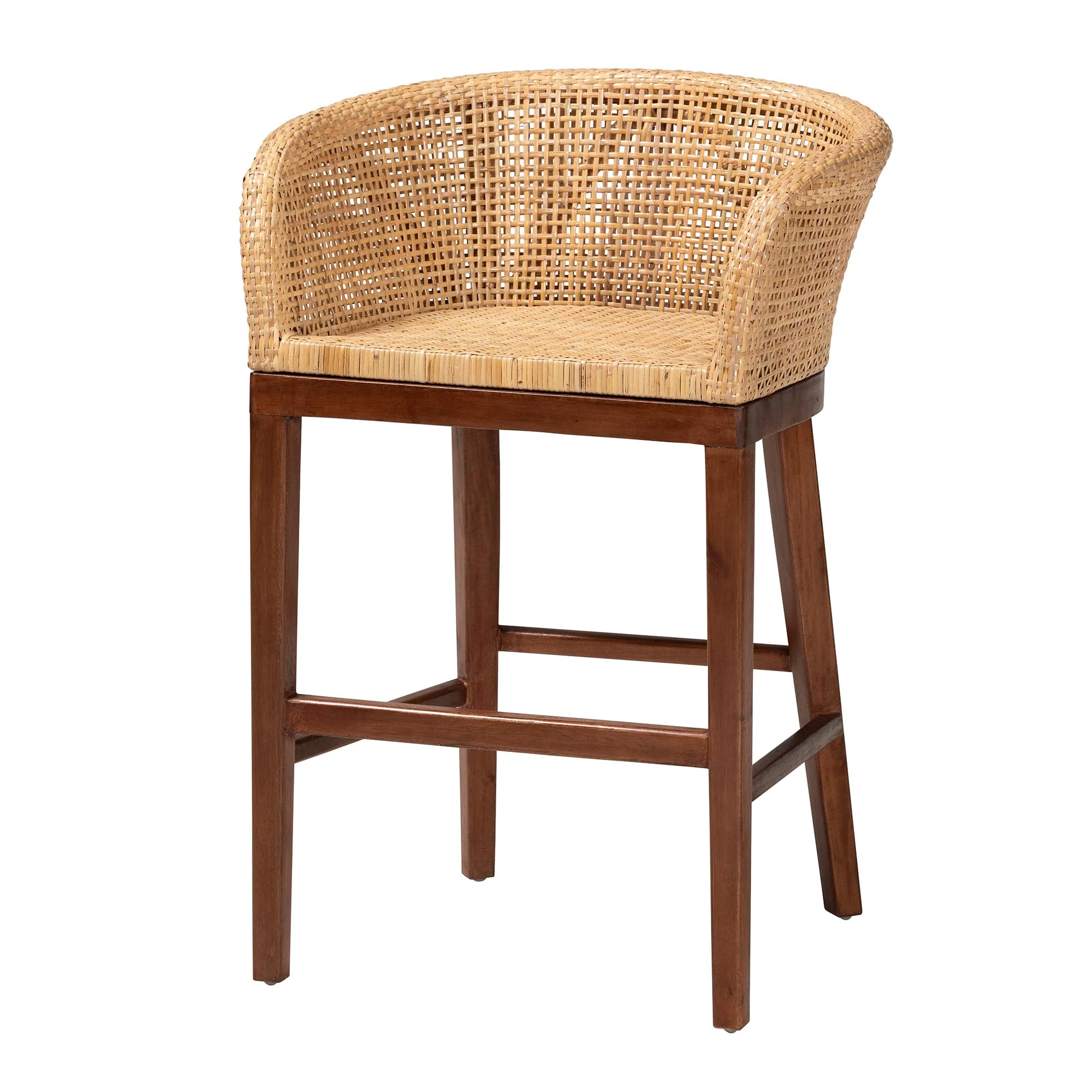 Baxton Studio bali & pari Papua Modern Bohemian Natural Rattan and Walnut Brown Acacia Wood Counter Stool - Image 2
