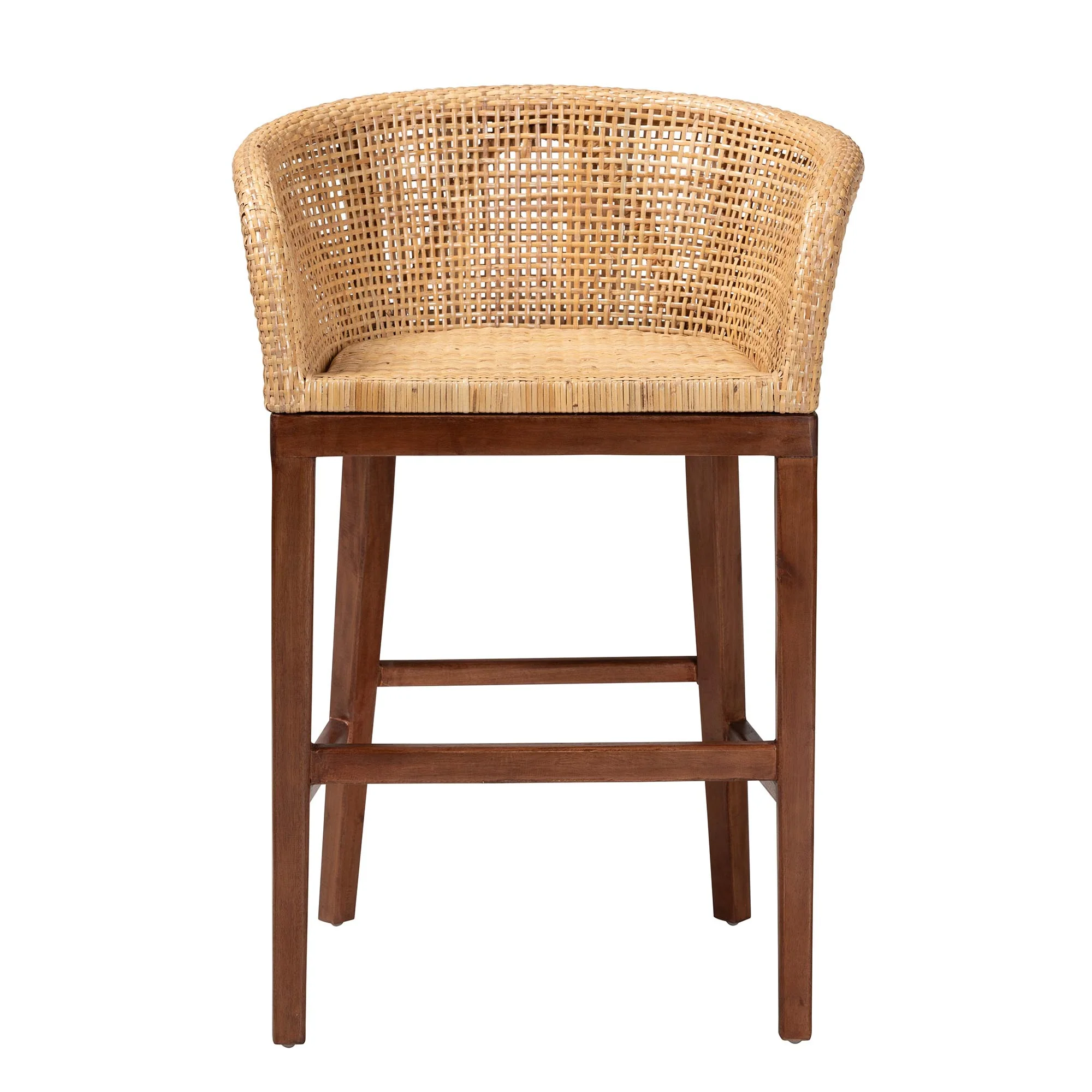 Baxton Studio bali & pari Papua Modern Bohemian Natural Rattan and Walnut Brown Acacia Wood Counter Stool - Image 3