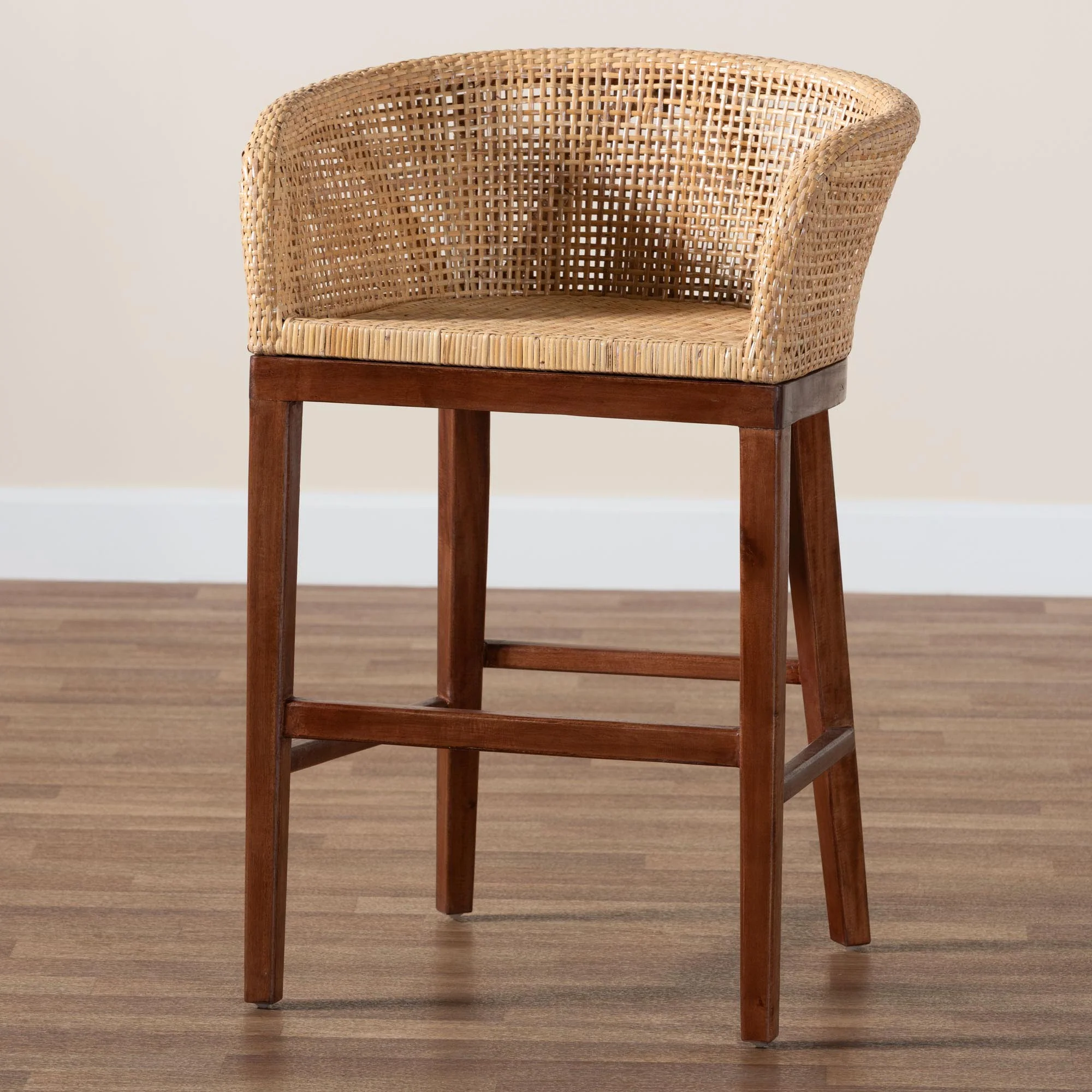 Baxton Studio bali & pari Papua Modern Bohemian Natural Rattan and Walnut Brown Acacia Wood Counter Stool - Image 9