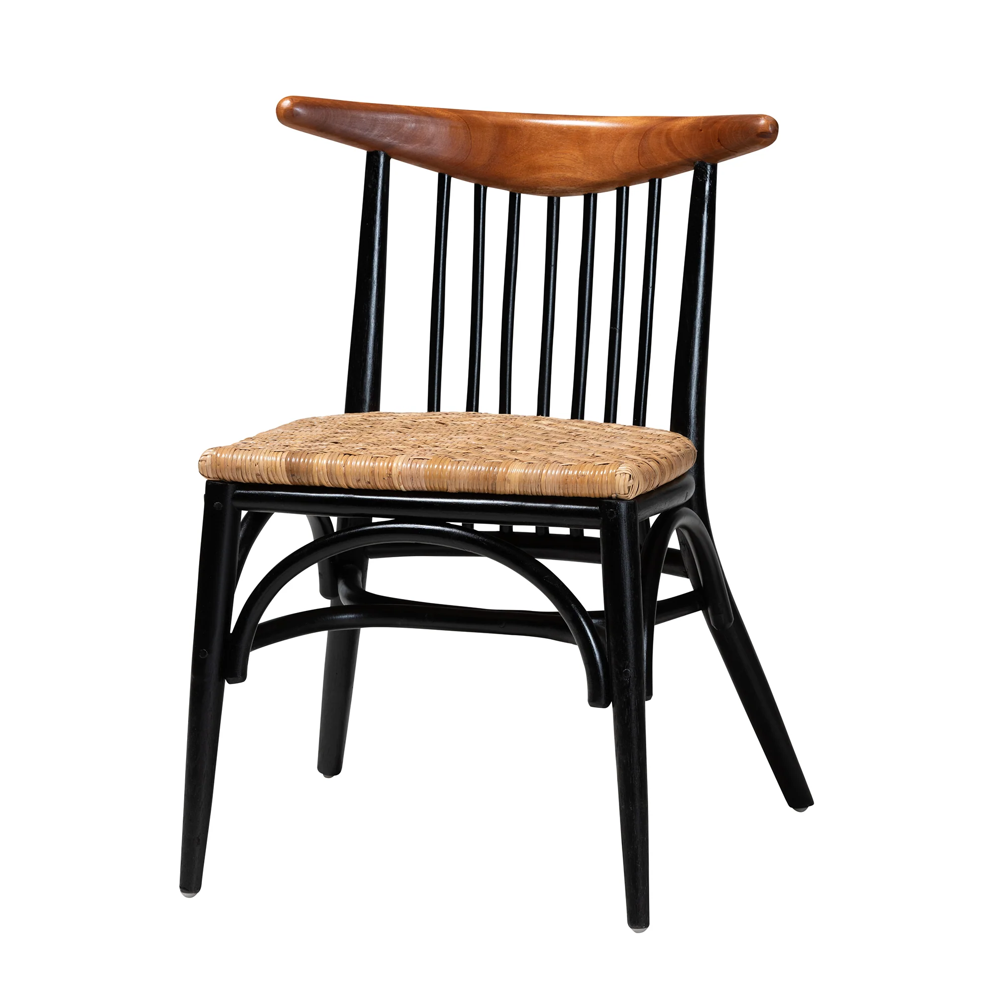Baxton Studio bali & pari Parthenia Mid-Century Modern Two-Tone Black and Walnut Brown Finished Mahogany Wood and Natural Rattan Dining Chair - Image 2