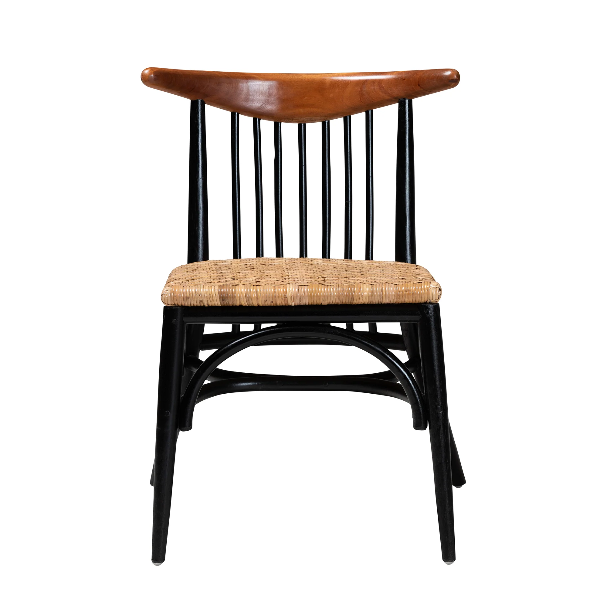 Baxton Studio bali & pari Parthenia Mid-Century Modern Two-Tone Black and Walnut Brown Finished Mahogany Wood and Natural Rattan Dining Chair - Image 3