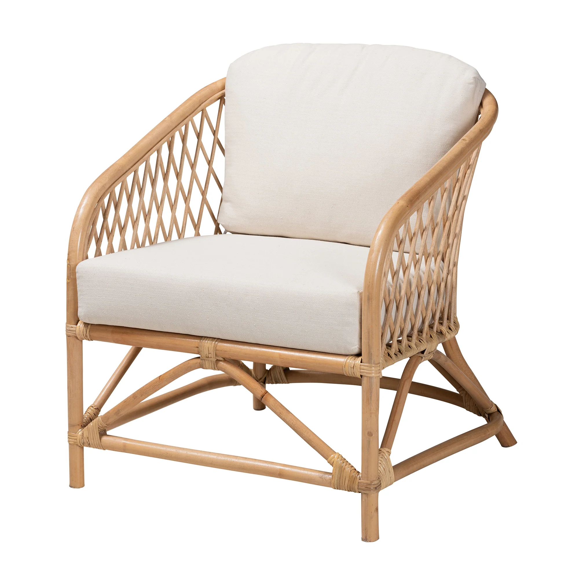 Baxton Studio bali & pari Patsy Modern Bohemian White Fabric and Natural Brown Rattan Armchair - Image 2