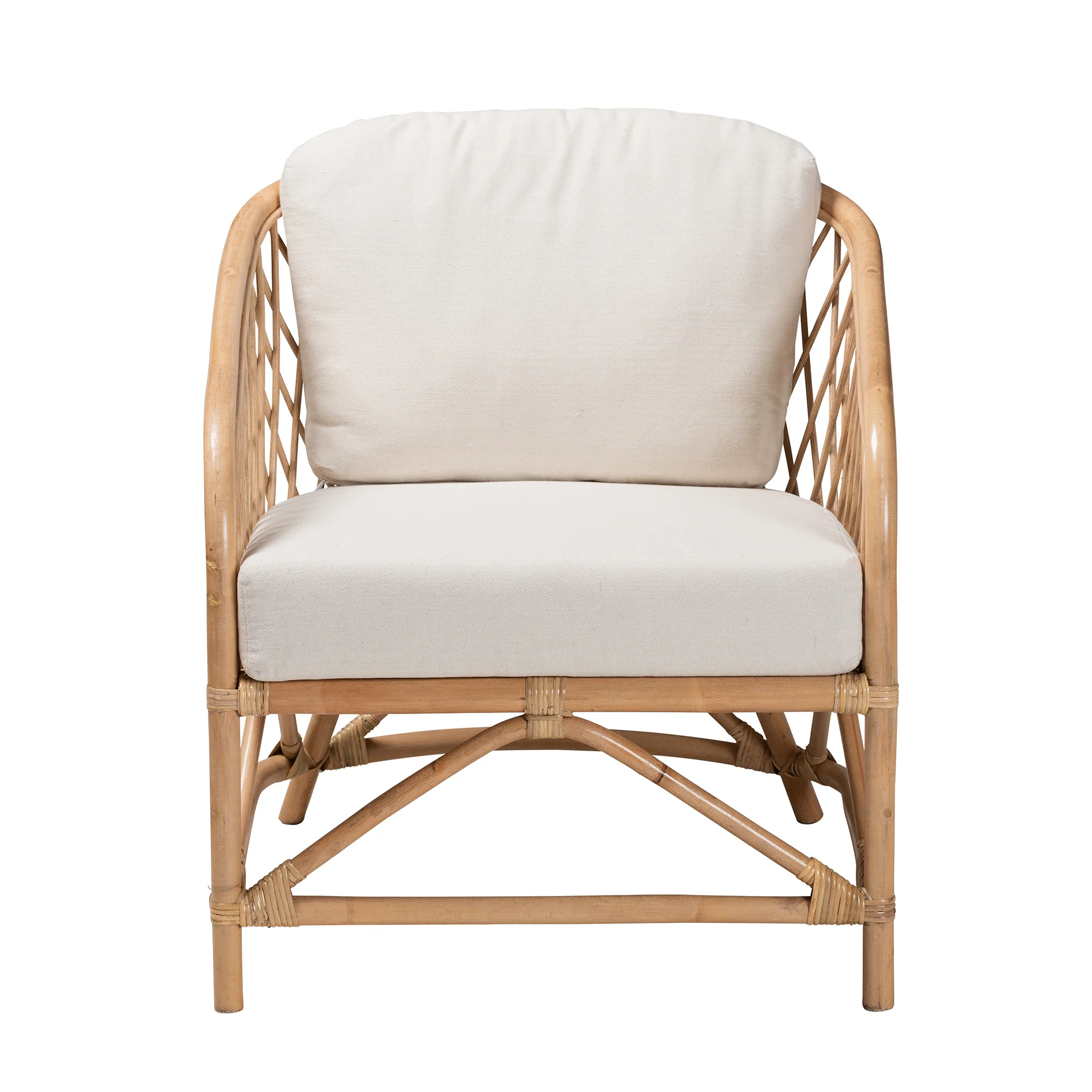 Baxton Studio bali & pari Patsy Modern Bohemian White Fabric and Natural Brown Rattan Armchair - Image 3