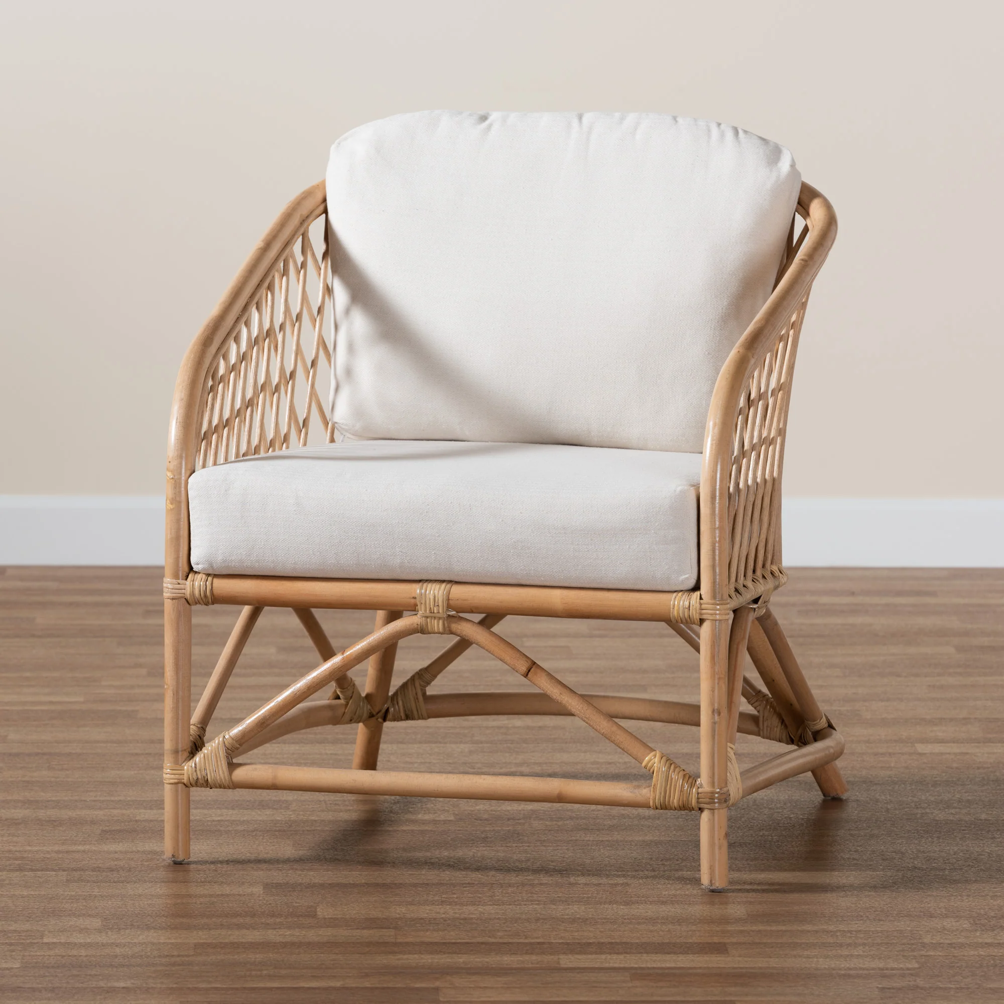 Baxton Studio bali & pari Patsy Modern Bohemian White Fabric and Natural Brown Rattan Armchair - Image 9