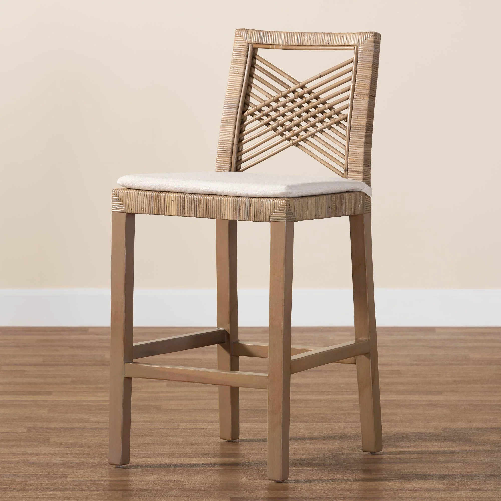 Baxton Studio bali & pari Poltak Modern Bohemian Grey Natural Kubu Rattan and Mahogany Wood Counter Stool - Image 2