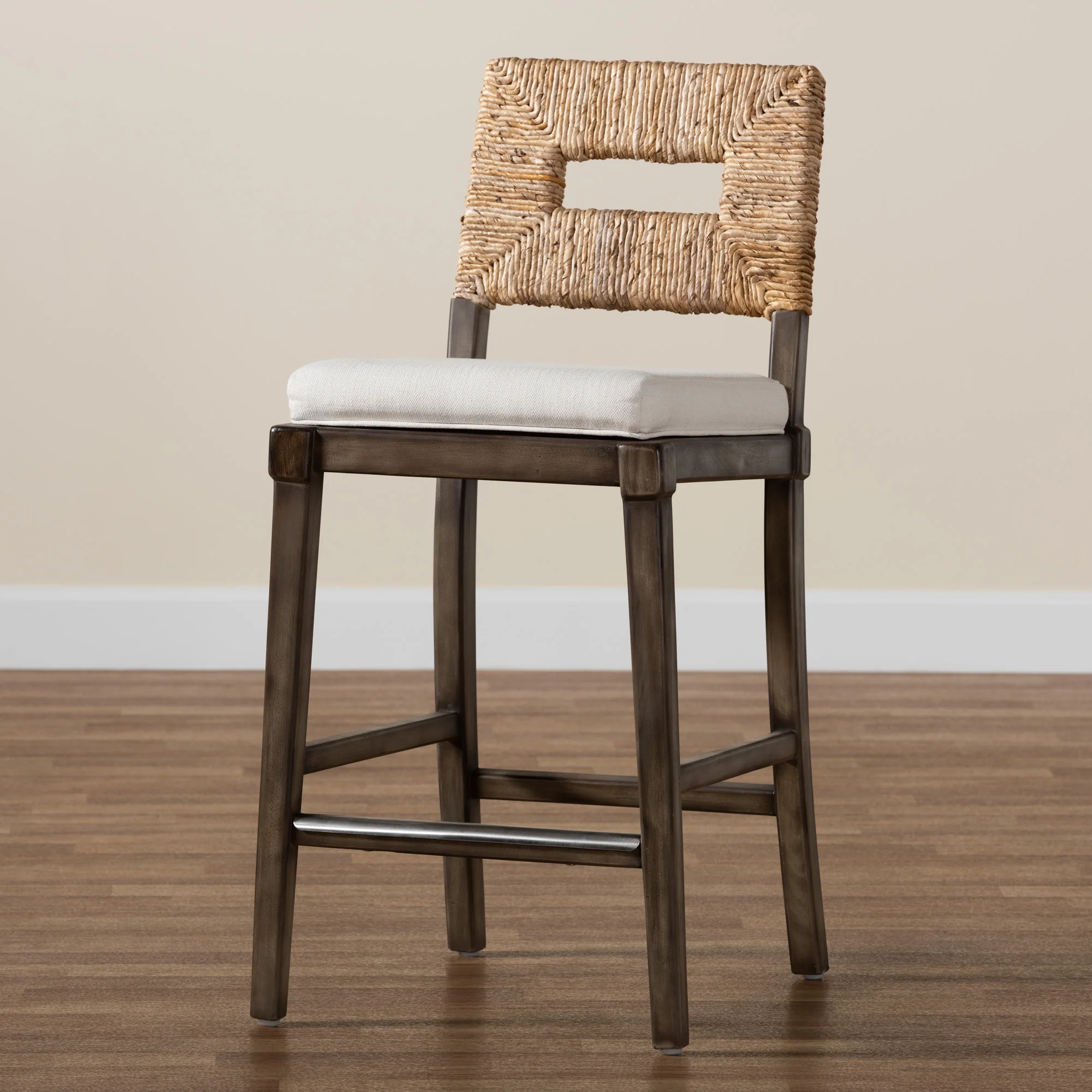 Baxton Studio bali & pari Porsha Modern Bohemian Dark Brown Finished Mahogany Wood and Natural Rattan Counter Stool - Image 9