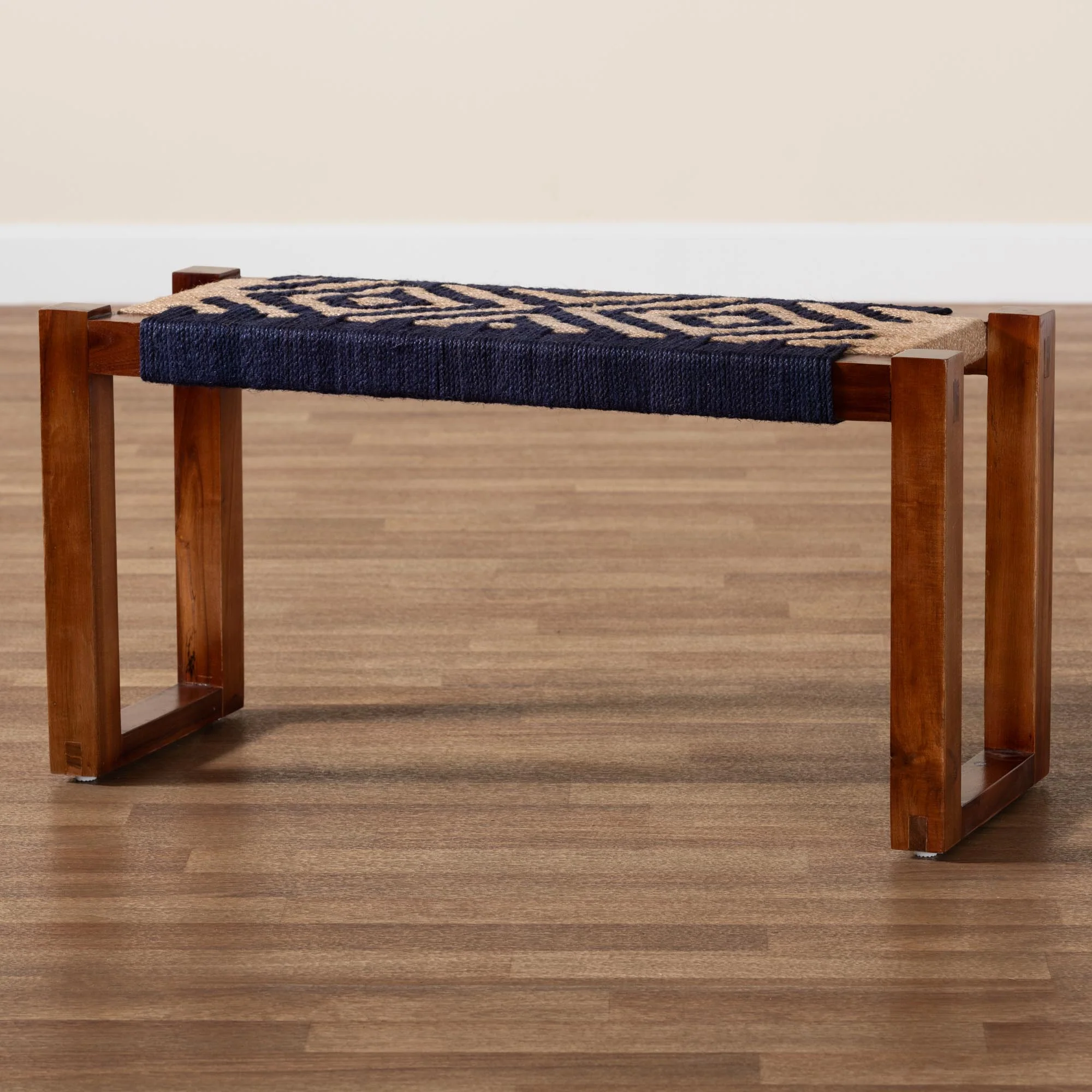 Baxton Studio bali & pari Prunella Modern Bohemian Two-Tone Navy Blue and Natural Brown Seagrass and Acacia Wood Accent Bench - Image 8