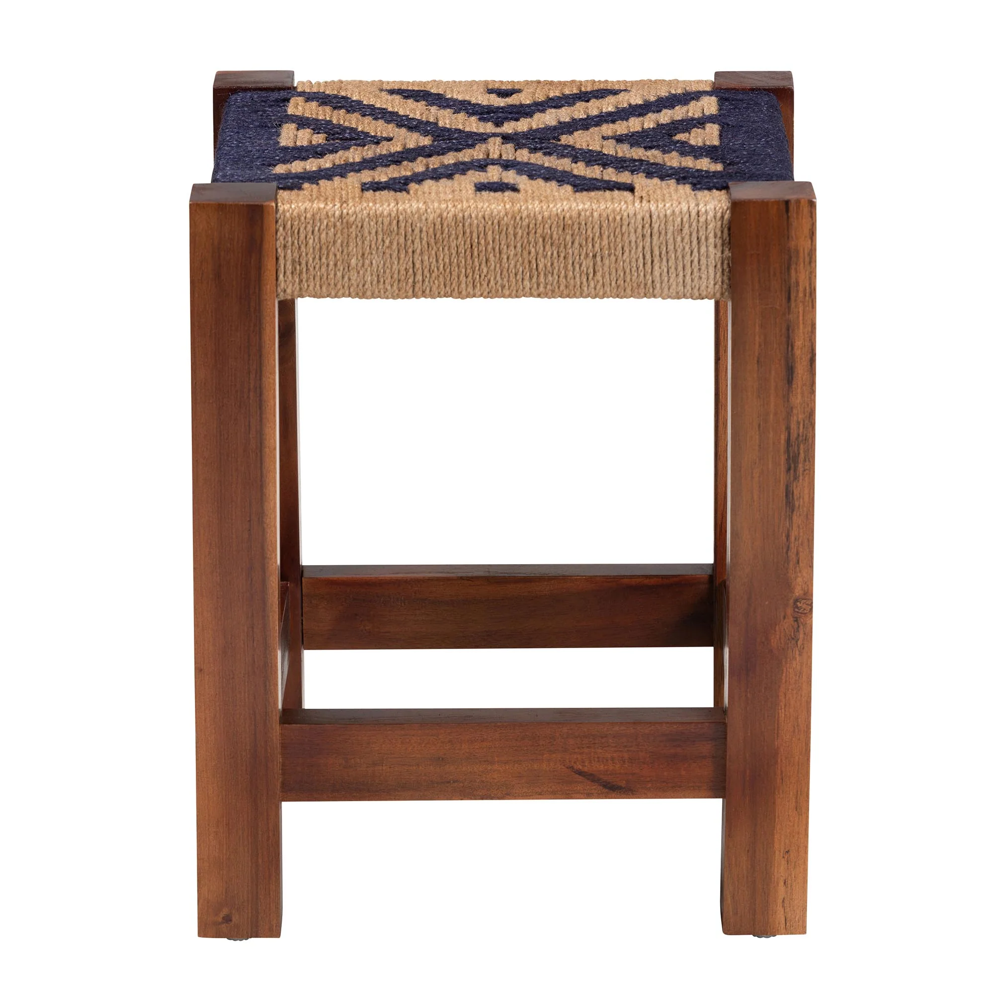 Baxton Studio bali & pari Prunella Modern Bohemian Two-Tone Navy Blue and Natural Brown Seagrass and Acacia Wood Footstool - Image 3