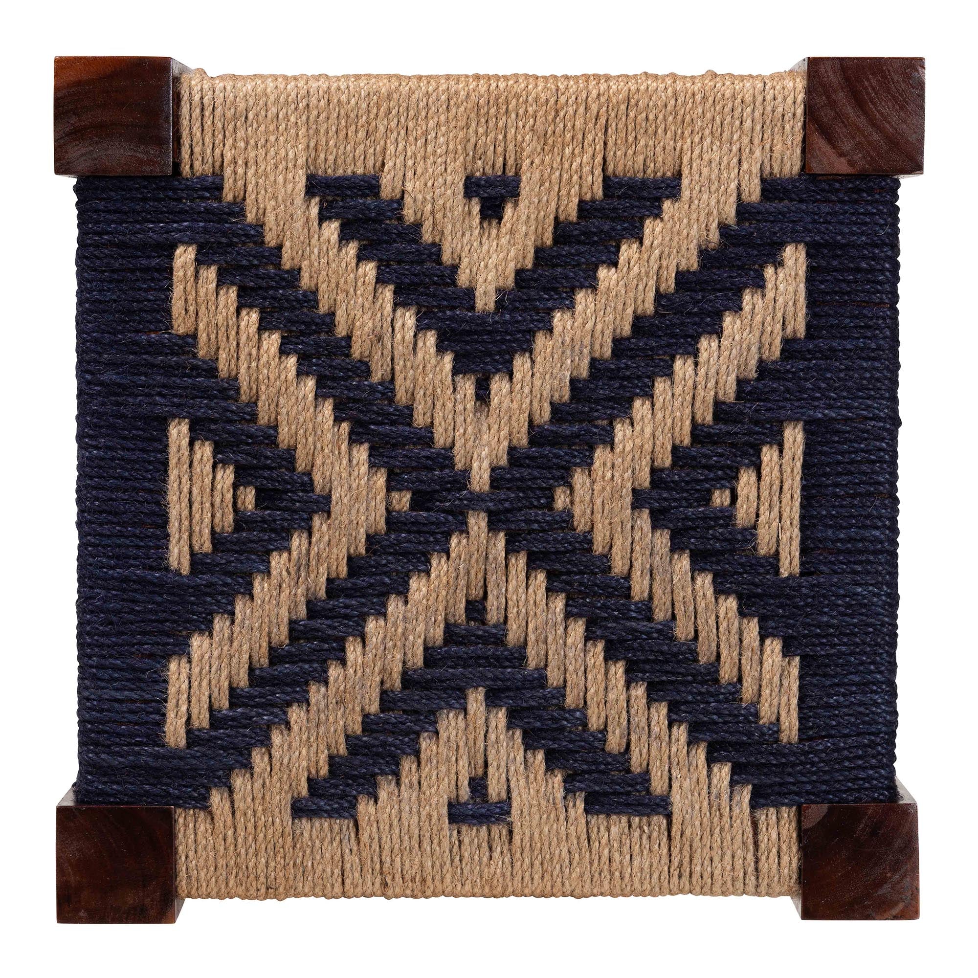 Baxton Studio bali & pari Prunella Modern Bohemian Two-Tone Navy Blue and Natural Brown Seagrass and Acacia Wood Footstool - Image 6