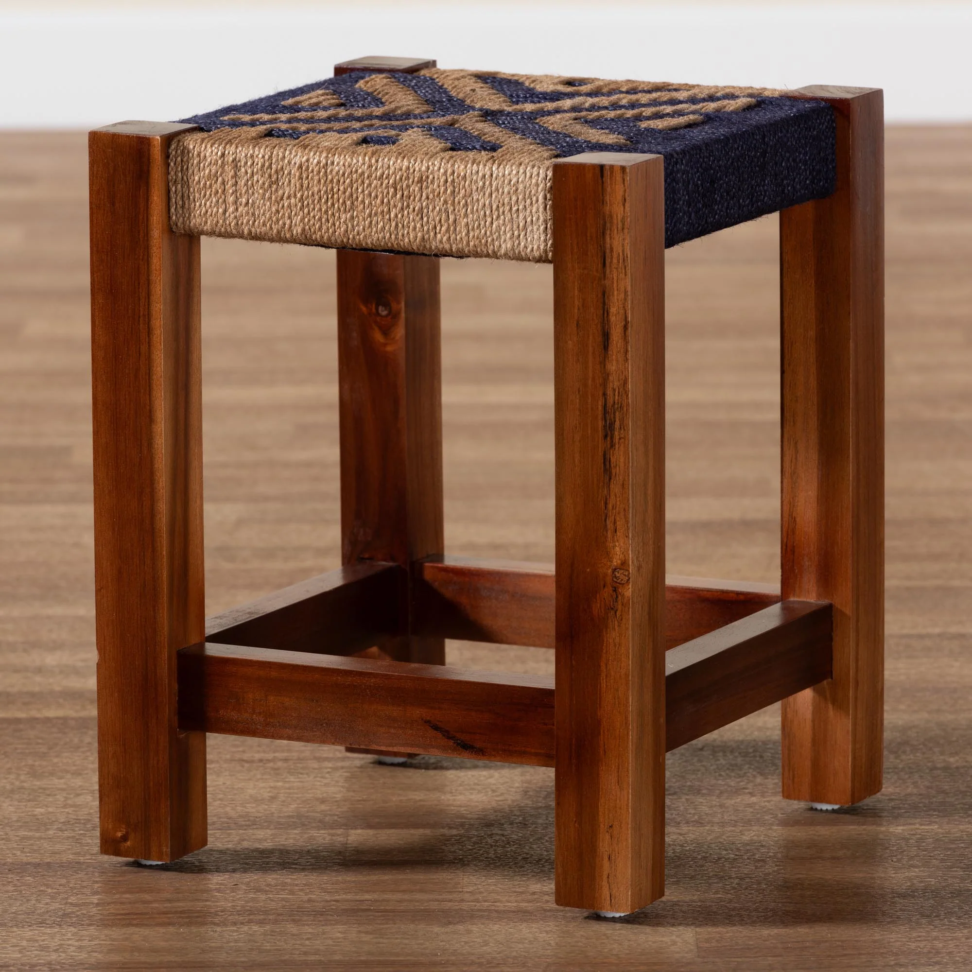 Baxton Studio bali & pari Prunella Modern Bohemian Two-Tone Navy Blue and Natural Brown Seagrass and Acacia Wood Footstool - Image 9