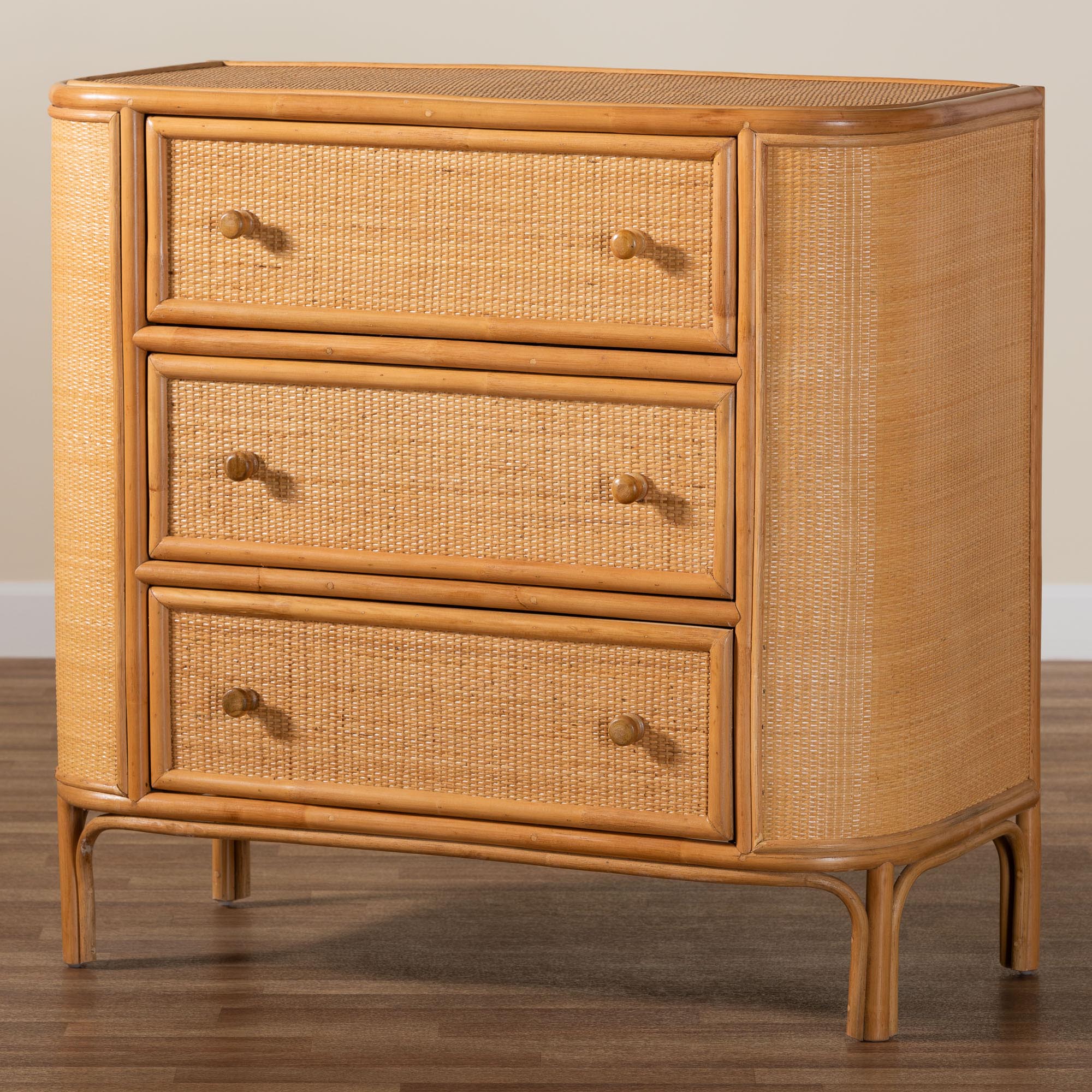 Baxton Studio bali & pari Radenza Bohemian Light Honey Rattan 3-Drawer Storage Cabinet - Image 3