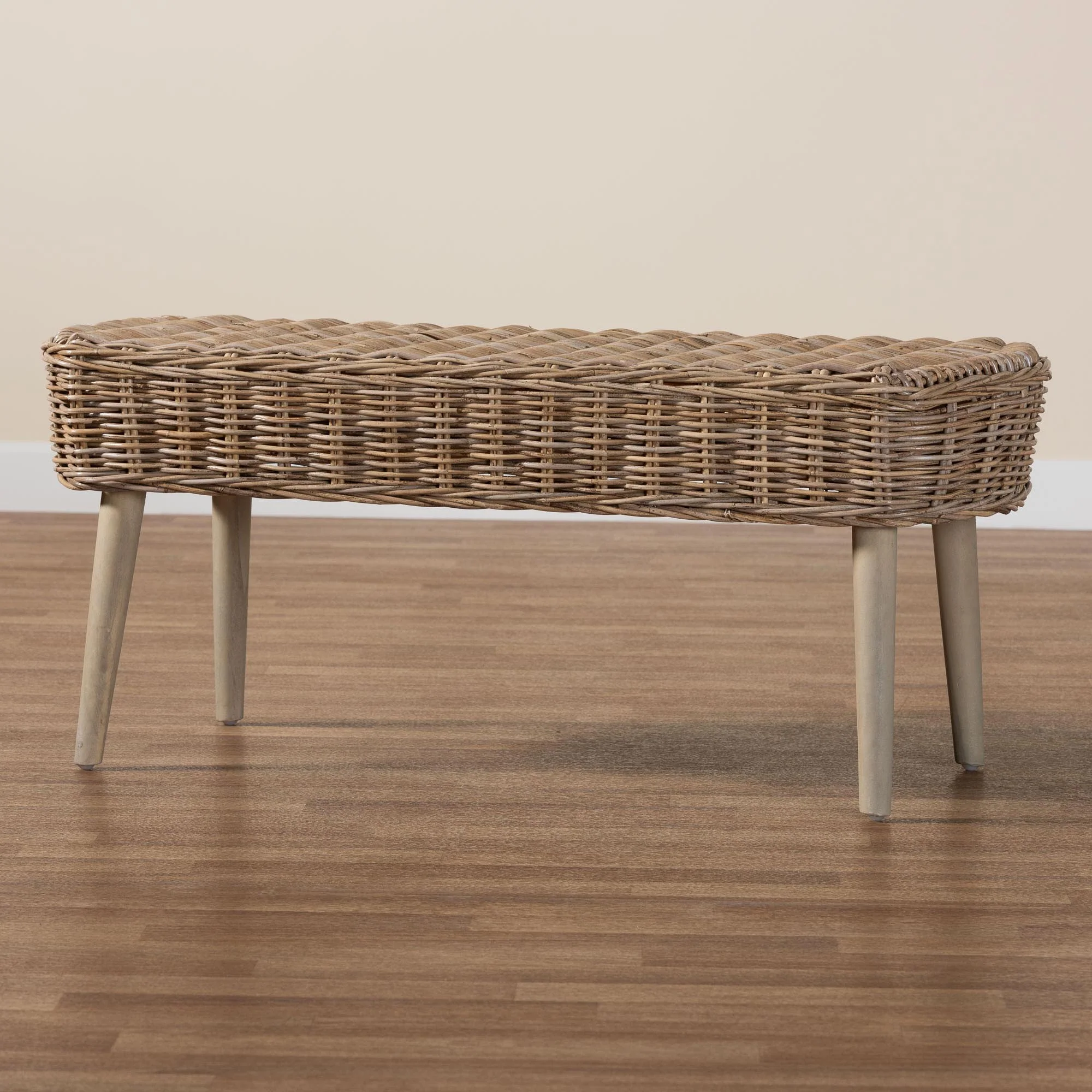 Baxton Studio bali & pari Raisa Modern Bohemian Natural Kubu Rattan and Grey Acacia Wood Accent Bench - Image 9