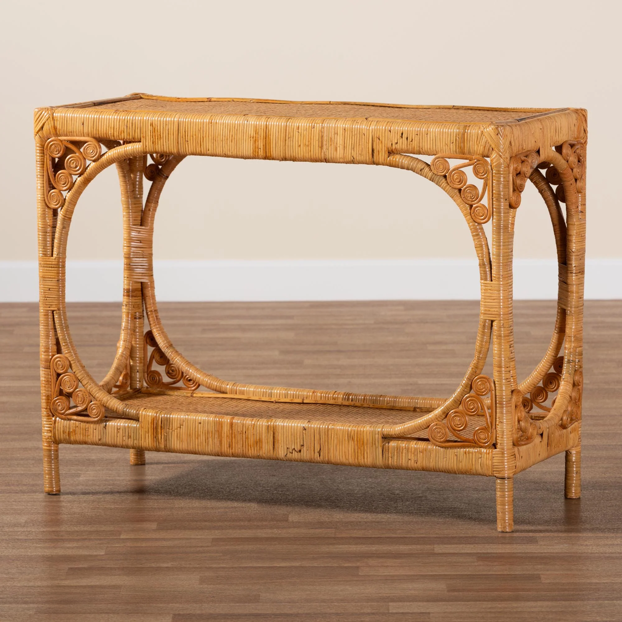 Baxton Studio bali & pari Ramona Modern Bohemian Light Honey Rattan Console Table - Image 9