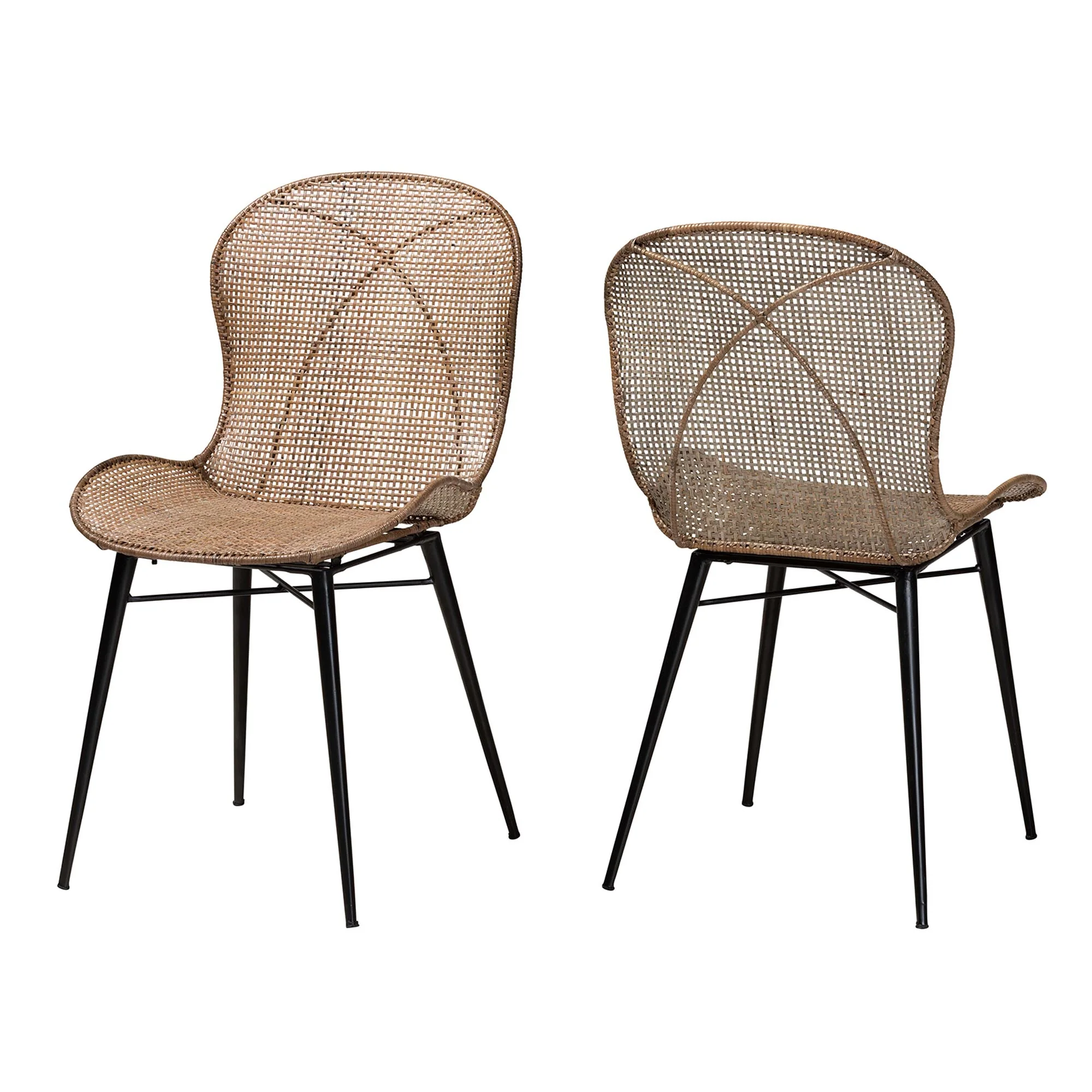 Baxton Studio bali & pari Sabelle Japandi Greywashed Rattan and Black Metal 2-Piece Dining Chair Set - Image 2