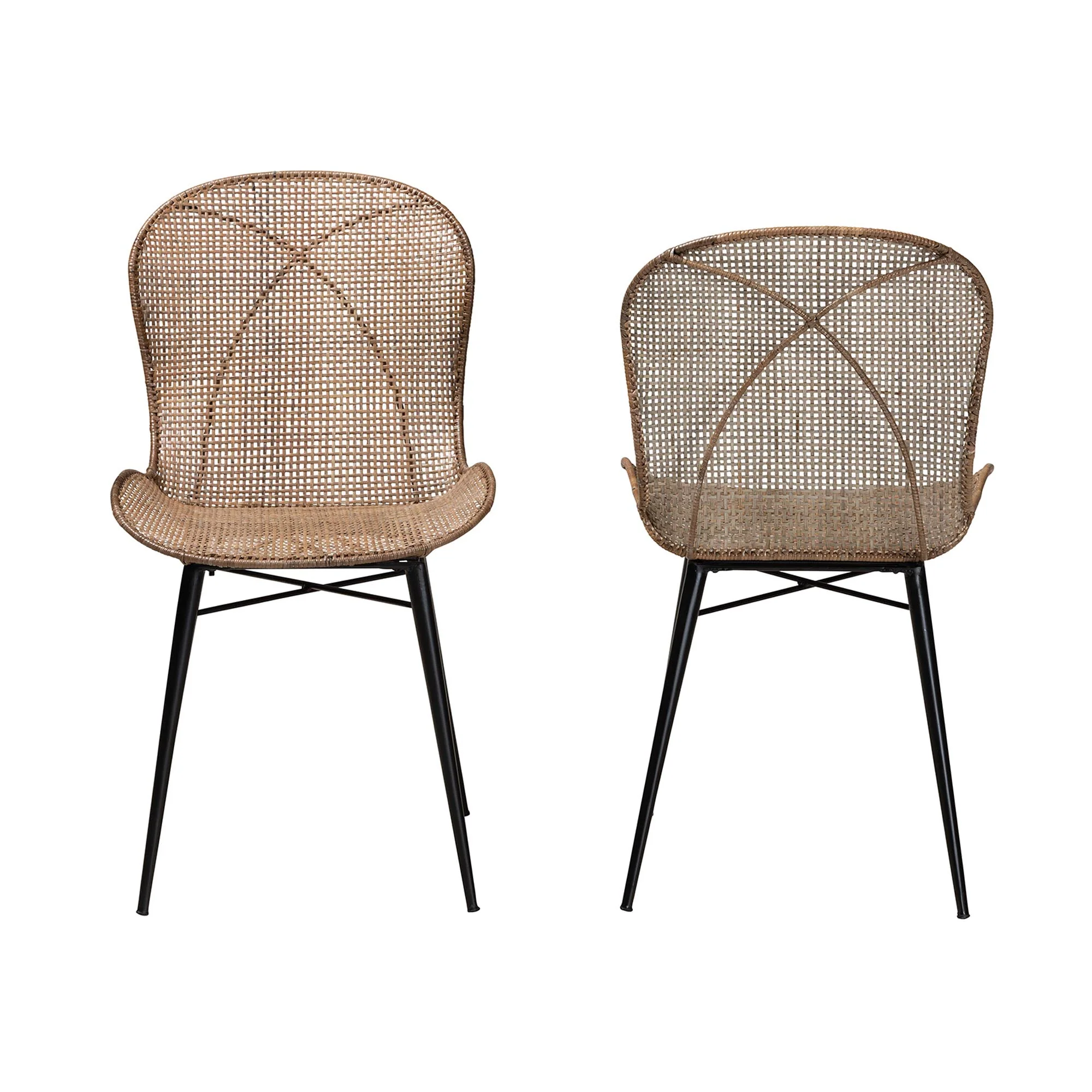 Baxton Studio bali & pari Sabelle Japandi Greywashed Rattan and Black Metal 2-Piece Dining Chair Set - Image 3