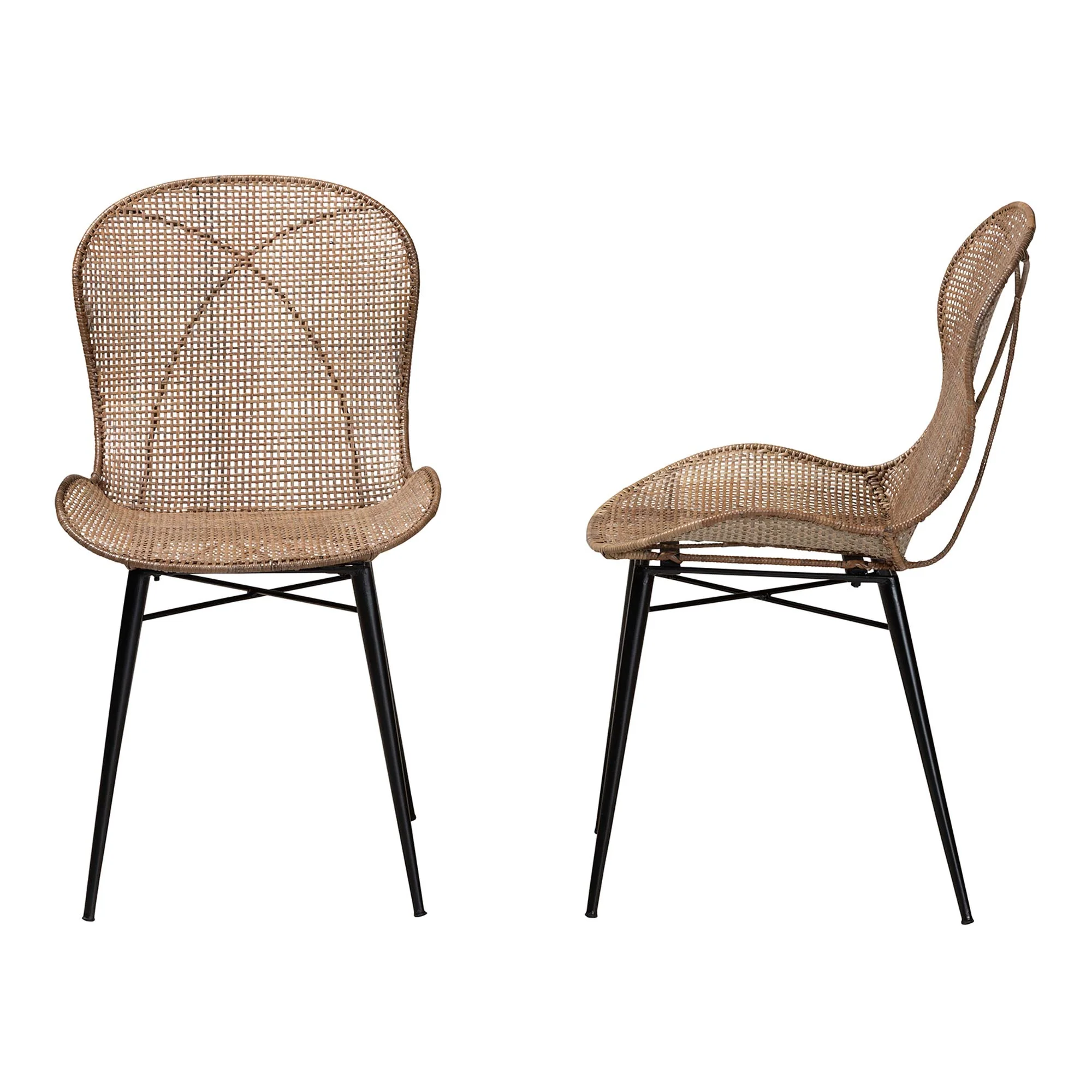 Baxton Studio bali & pari Sabelle Japandi Greywashed Rattan and Black Metal 2-Piece Dining Chair Set - Image 4