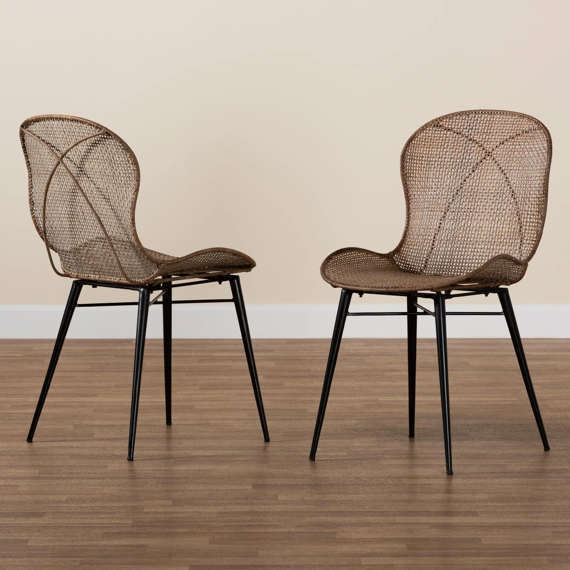 Baxton Studio bali & pari Sabelle Japandi Greywashed Rattan and Black Metal 2-Piece Dining Chair Set - Image 9