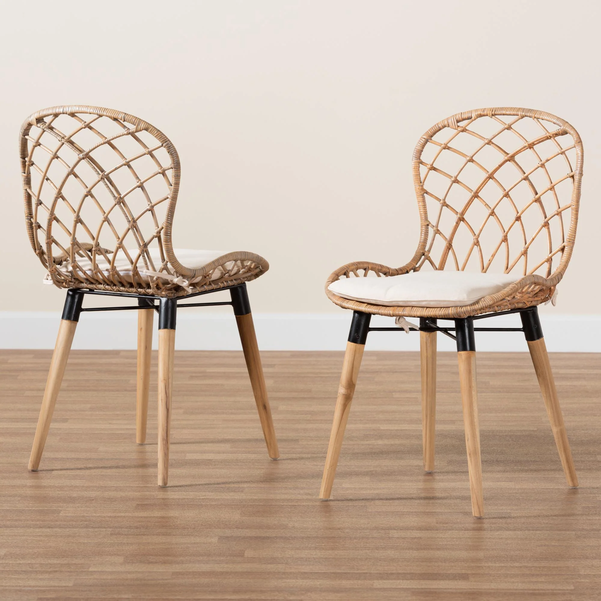 Baxton Studio bali & pari Sabelle Modern Bohemian Natural Brown Finished Teak Wood and Greywashed Rattan 2-Piece Dining Chair Set - Image 2
