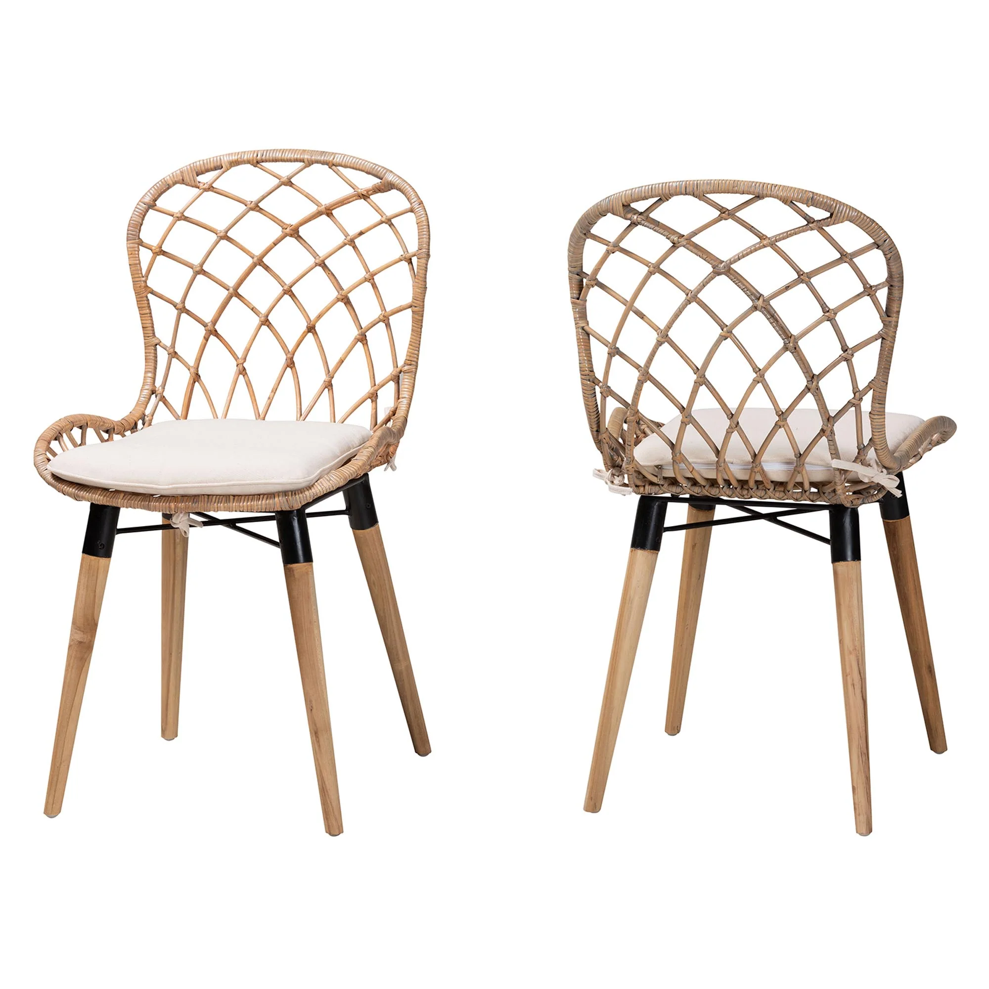 Baxton Studio bali & pari Sabelle Modern Bohemian Natural Brown Finished Teak Wood and Greywashed Rattan 2-Piece Dining Chair Set - Image 4