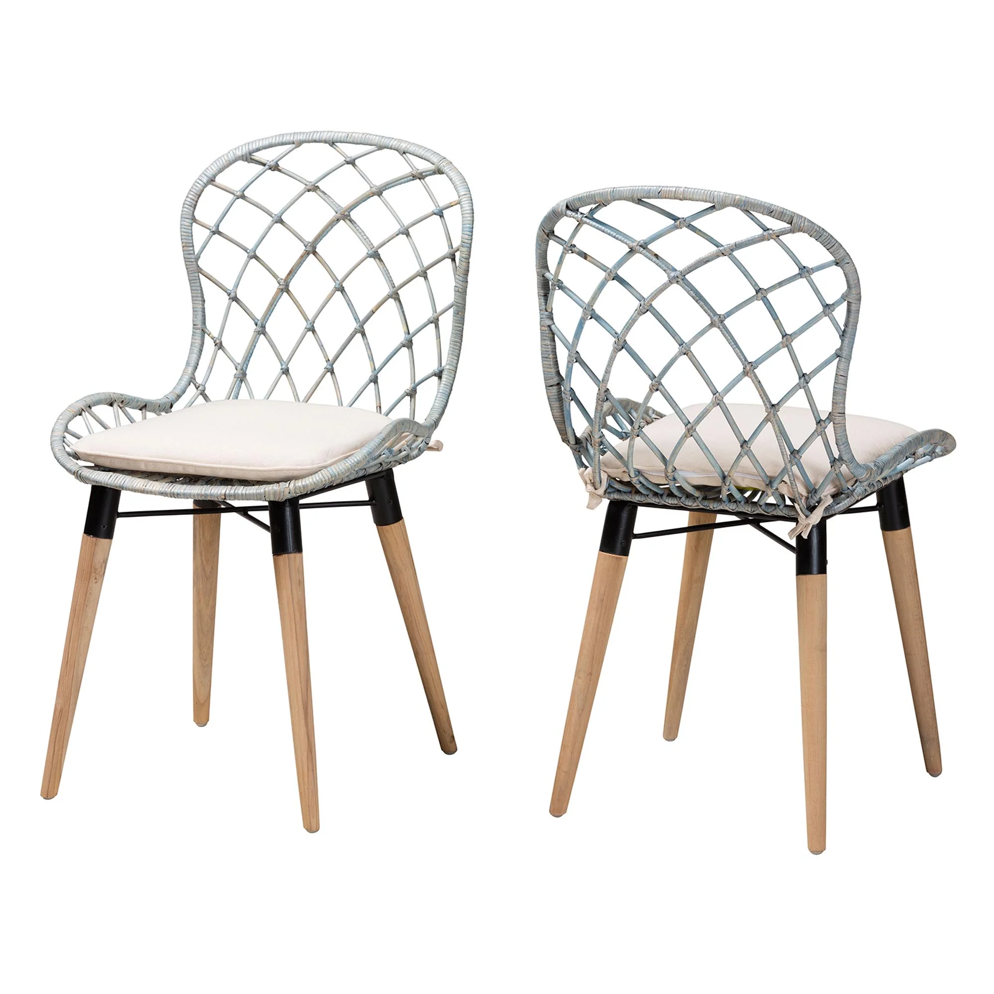 Baxton Studio bali & pari Sabelle Modern Bohemian Natural Brown Finished Teak Wood and Light Blue Rattan 2-Piece Dining Chair Set - Image 2
