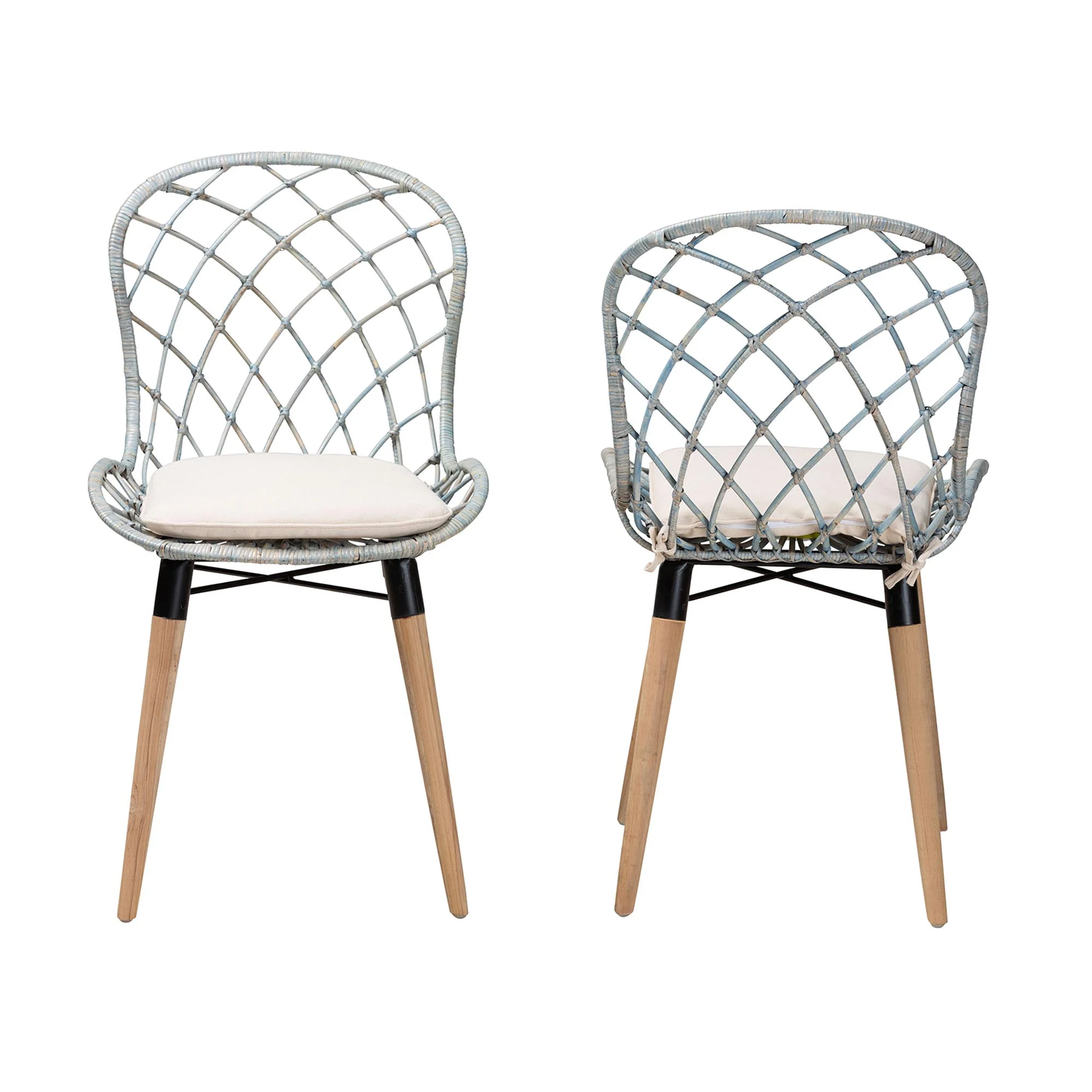 Baxton Studio bali & pari Sabelle Modern Bohemian Natural Brown Finished Teak Wood and Light Blue Rattan 2-Piece Dining Chair Set - Image 3