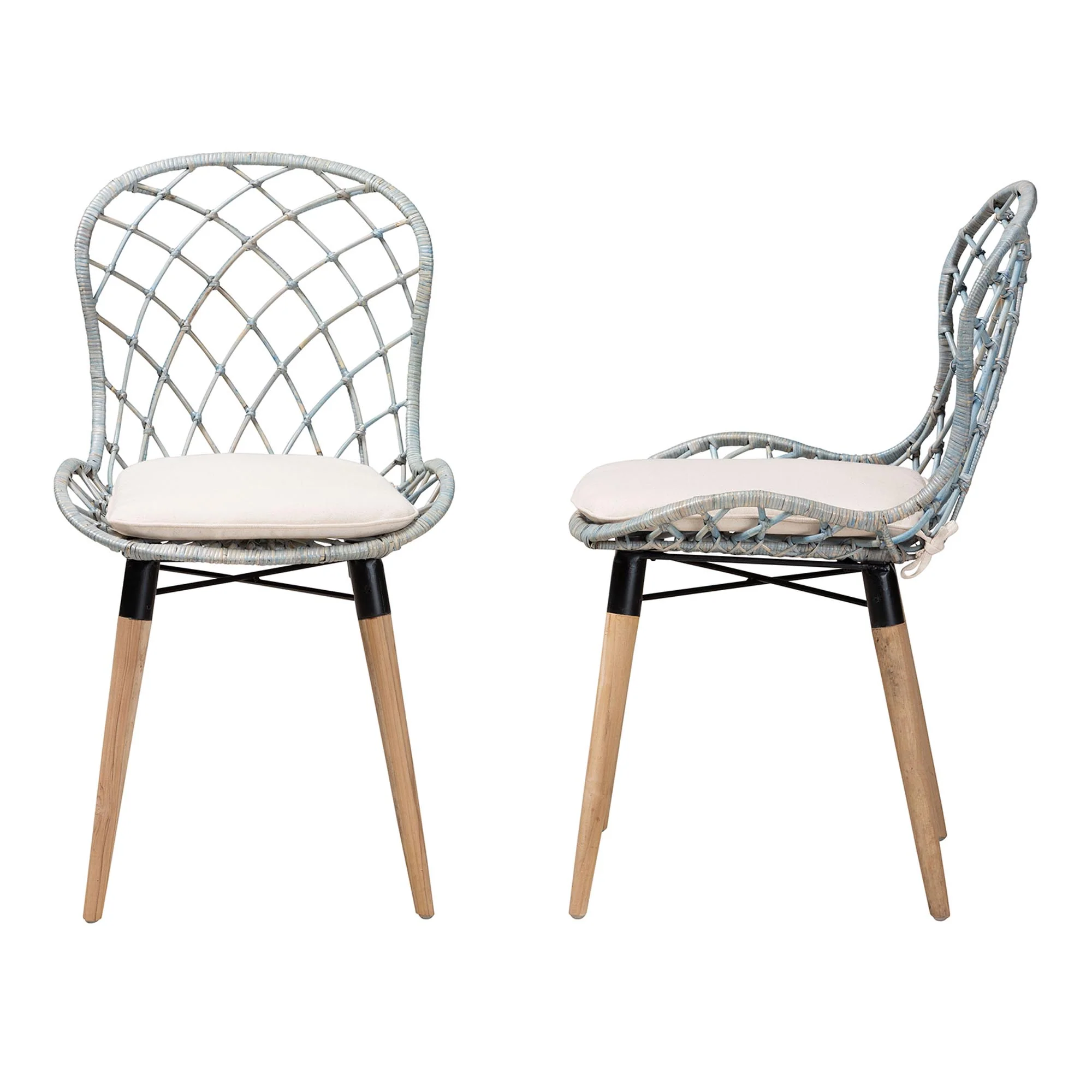 Baxton Studio bali & pari Sabelle Modern Bohemian Natural Brown Finished Teak Wood and Light Blue Rattan 2-Piece Dining Chair Set - Image 4