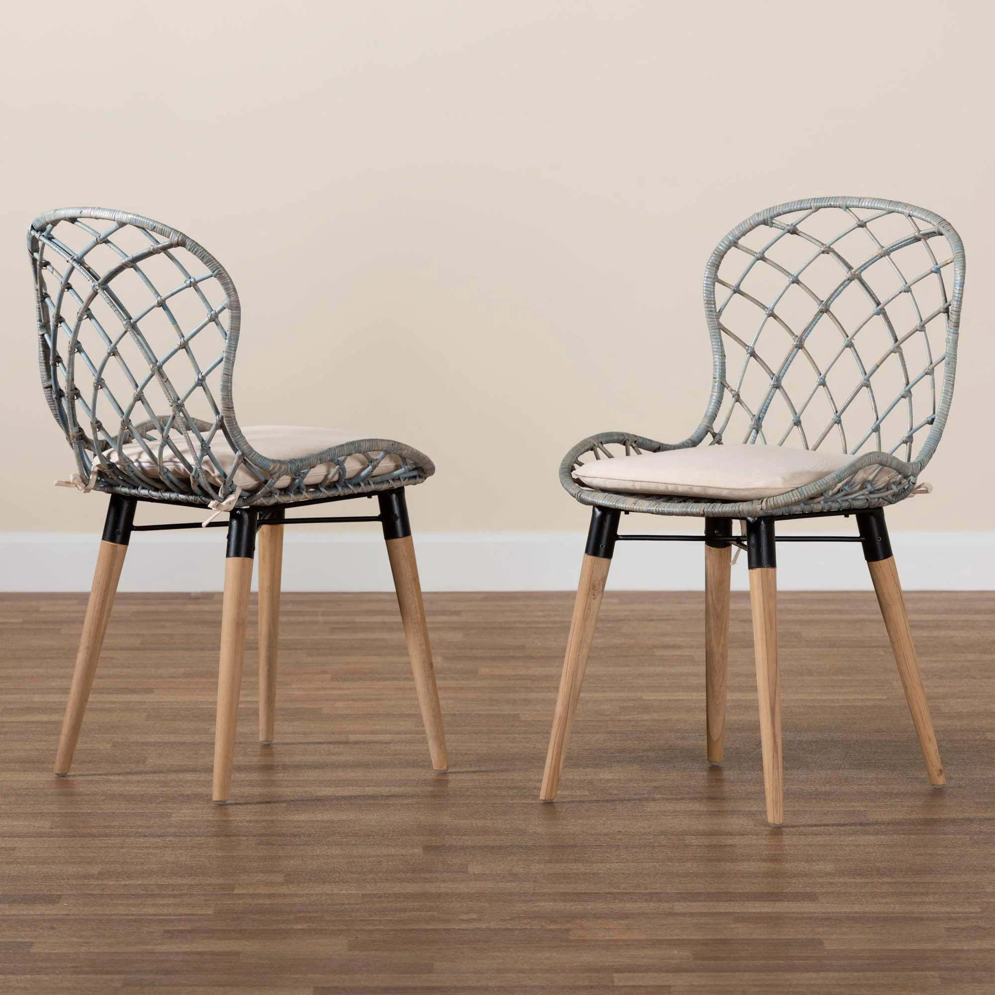 Baxton Studio bali & pari Sabelle Modern Bohemian Natural Brown Finished Teak Wood and Light Blue Rattan 2-Piece Dining Chair Set - Image 9