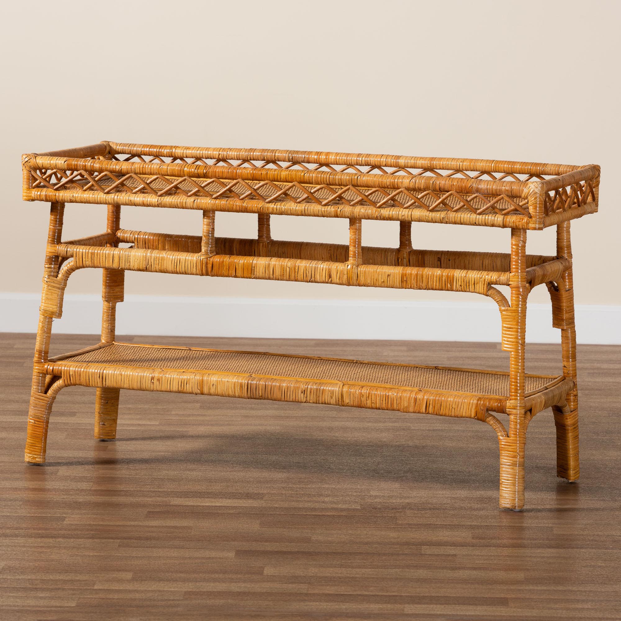 Baxton Studio bali & pari Savitri Modern Bohemian Natural Rattan 2-Tier Console Table - Image 9