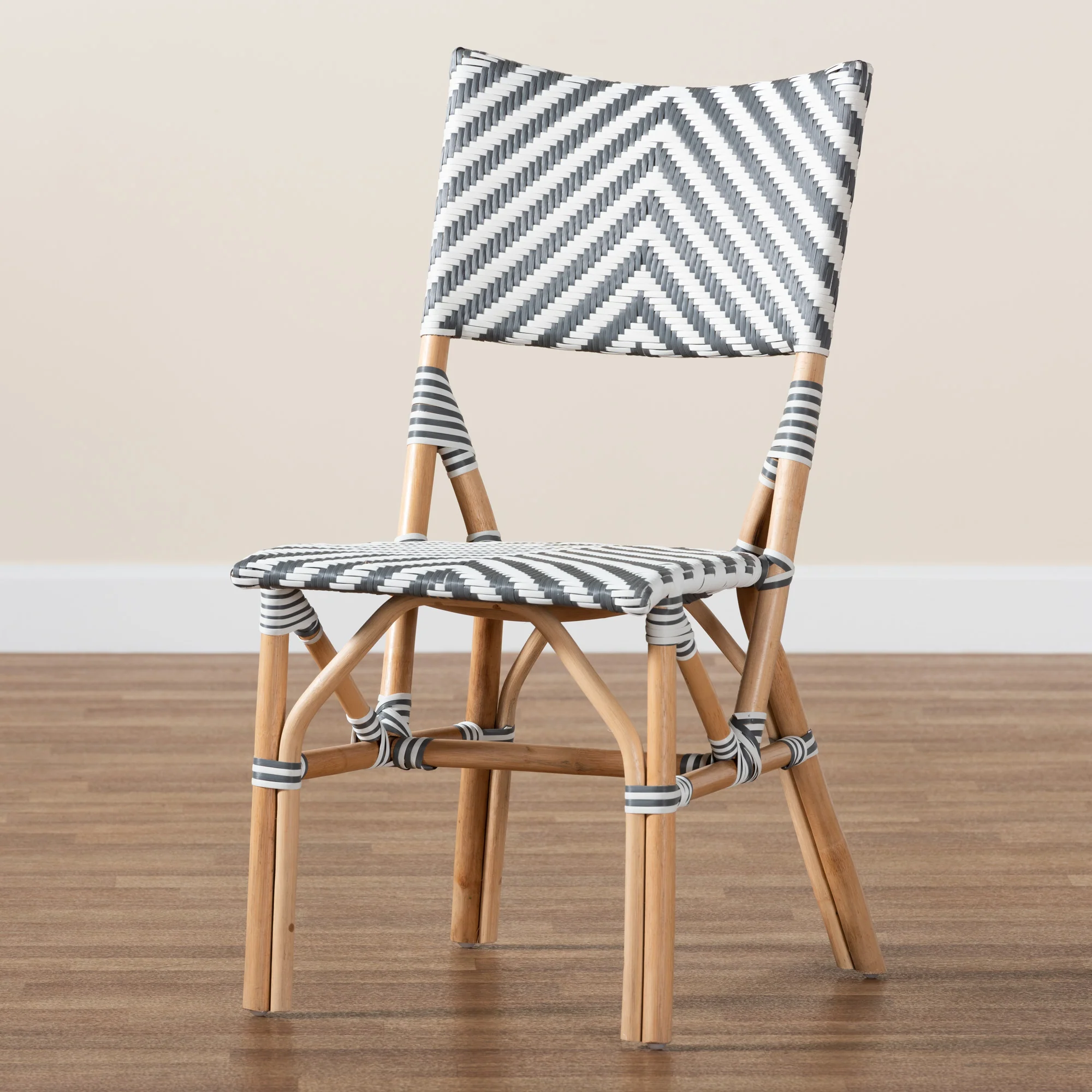 Baxton Studio bali & pari Shai Modern French Grey and White Weaving and Natural Rattan Bistro Chair - Image 9