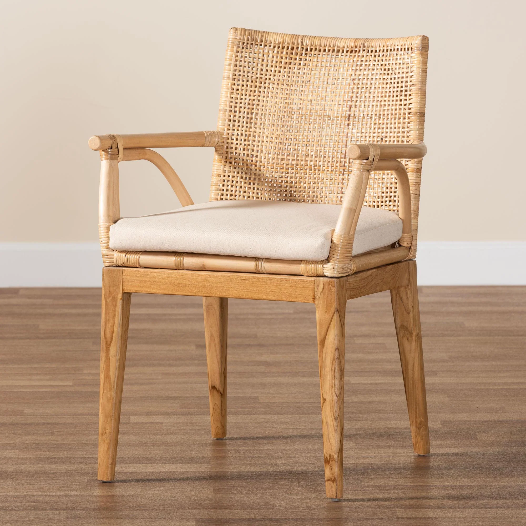 Baxton Studio bali & pari Storsel Modern Bohemian Natural Brown Finished Teak Wood and Rattan Dining Chair - Image 9