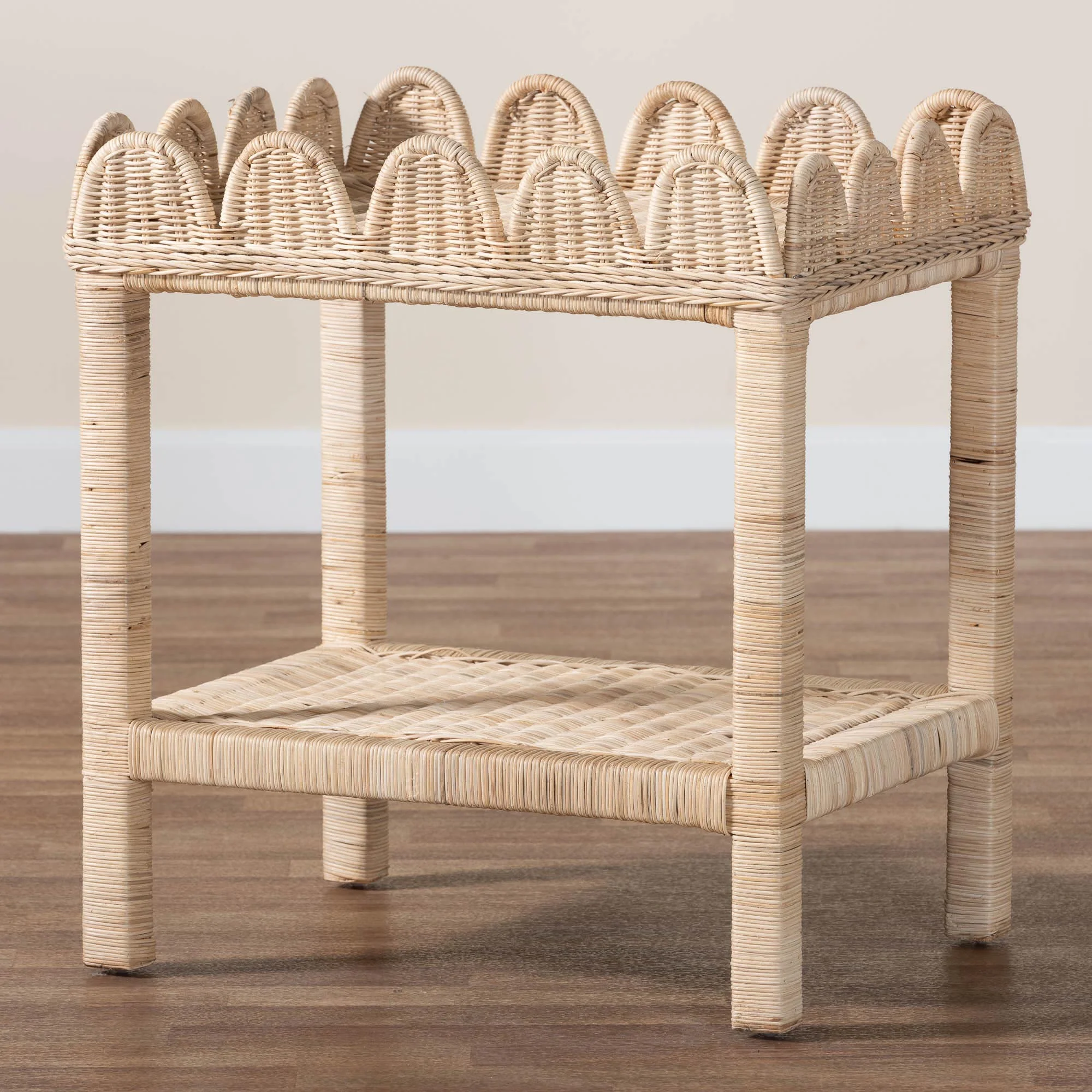 Baxton Studio bali & pari Sumana Bohemian Scallop Natural Rattan and Mahogany Side Table - Image 9