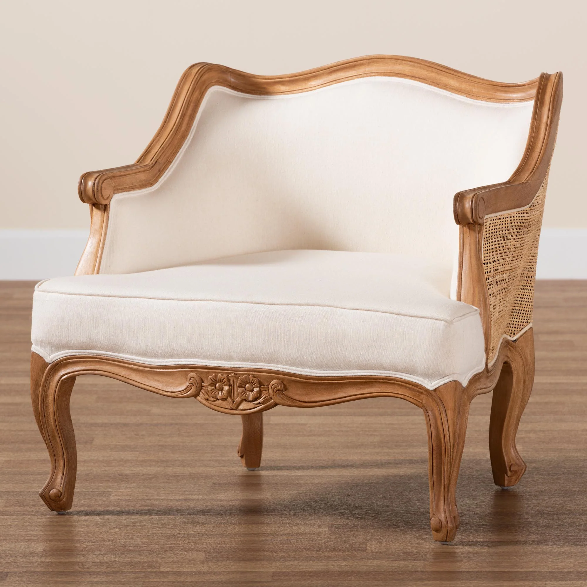 Baxton Studio bali & pari Sylvestra Traditional French Beige Fabric and Honey Oak Finished Wood Low Seat Accent Chair - Image 2