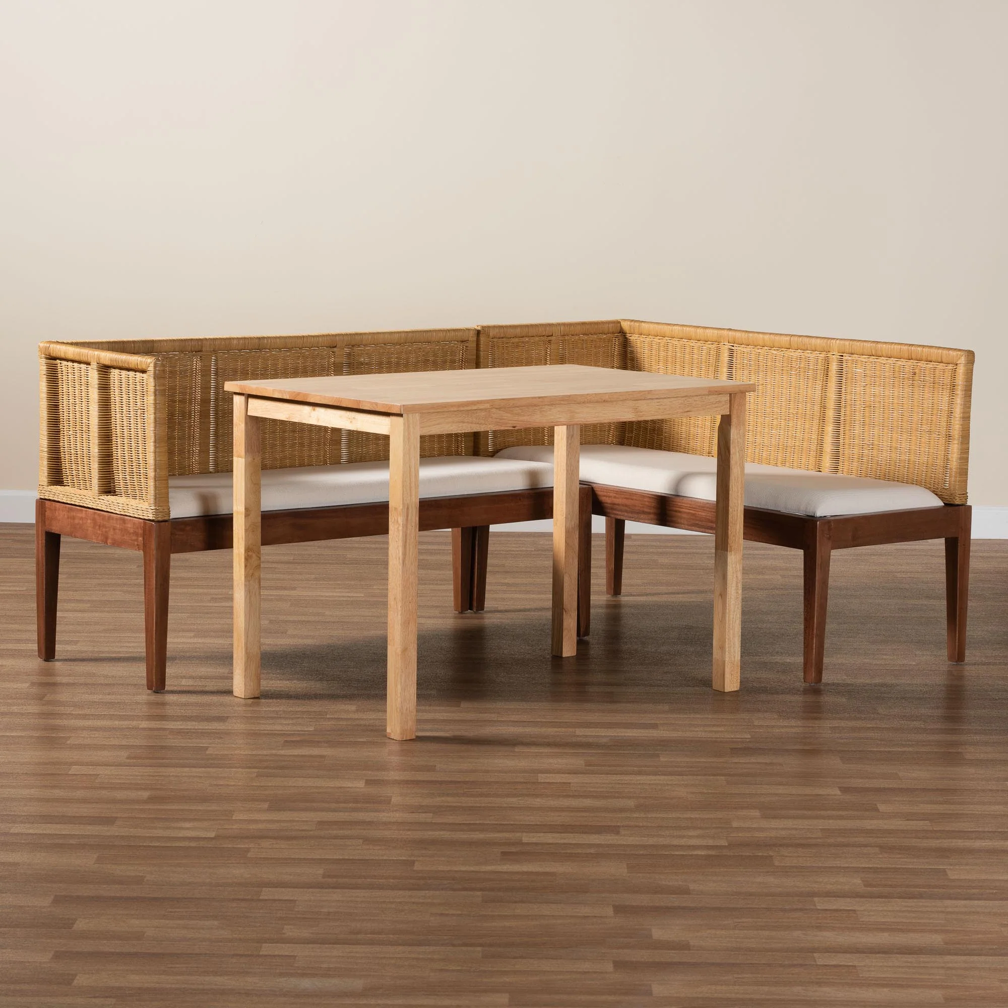 Baxton Studio bali & pari Tabanan Modern Bohemian Natural Brown Rattan and Brown Acacia Wood 3-Piece Dining Nook set - Image 2