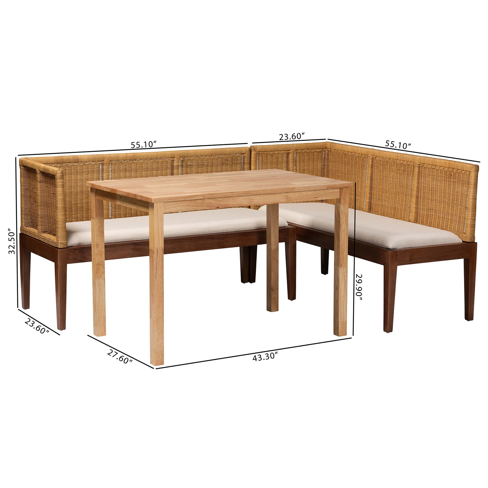 Baxton Studio bali & pari Tabanan Modern Bohemian Natural Brown Rattan and Brown Acacia Wood 3-Piece Dining Nook set - Image 3