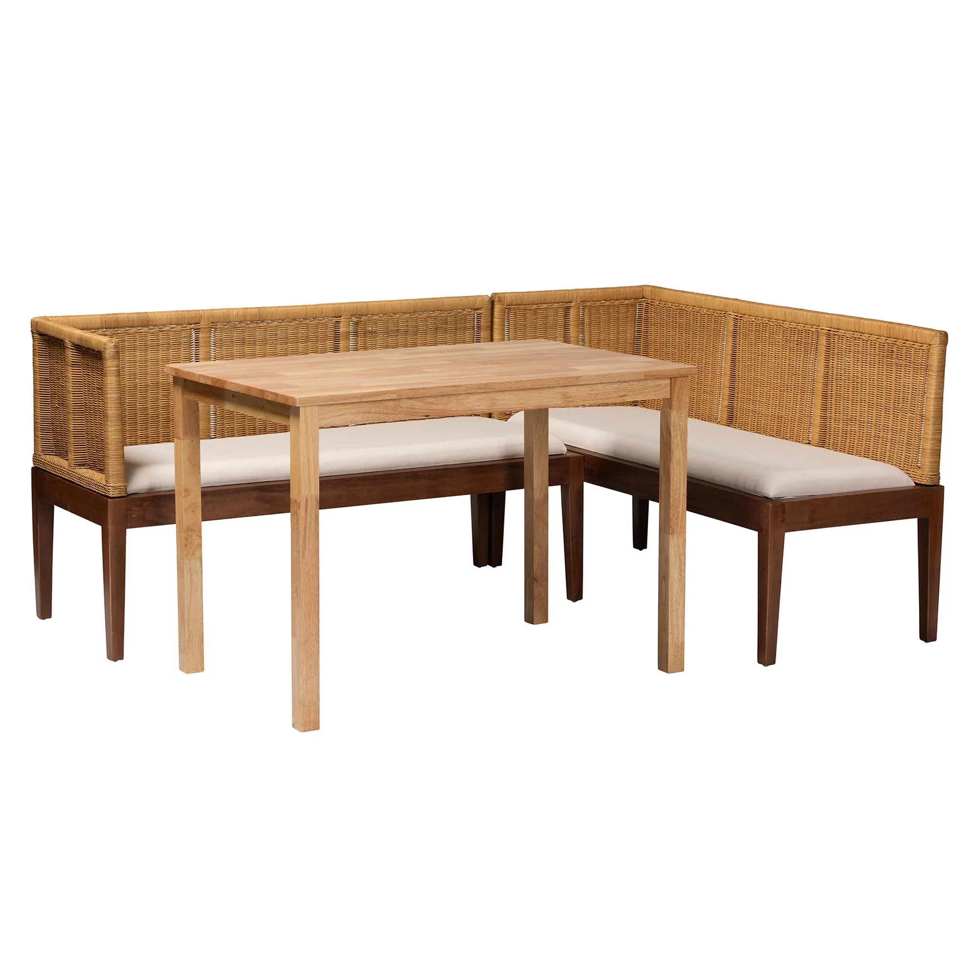 Baxton Studio bali & pari Tabanan Modern Bohemian Natural Brown Rattan and Brown Acacia Wood 3-Piece Dining Nook set - Image 4