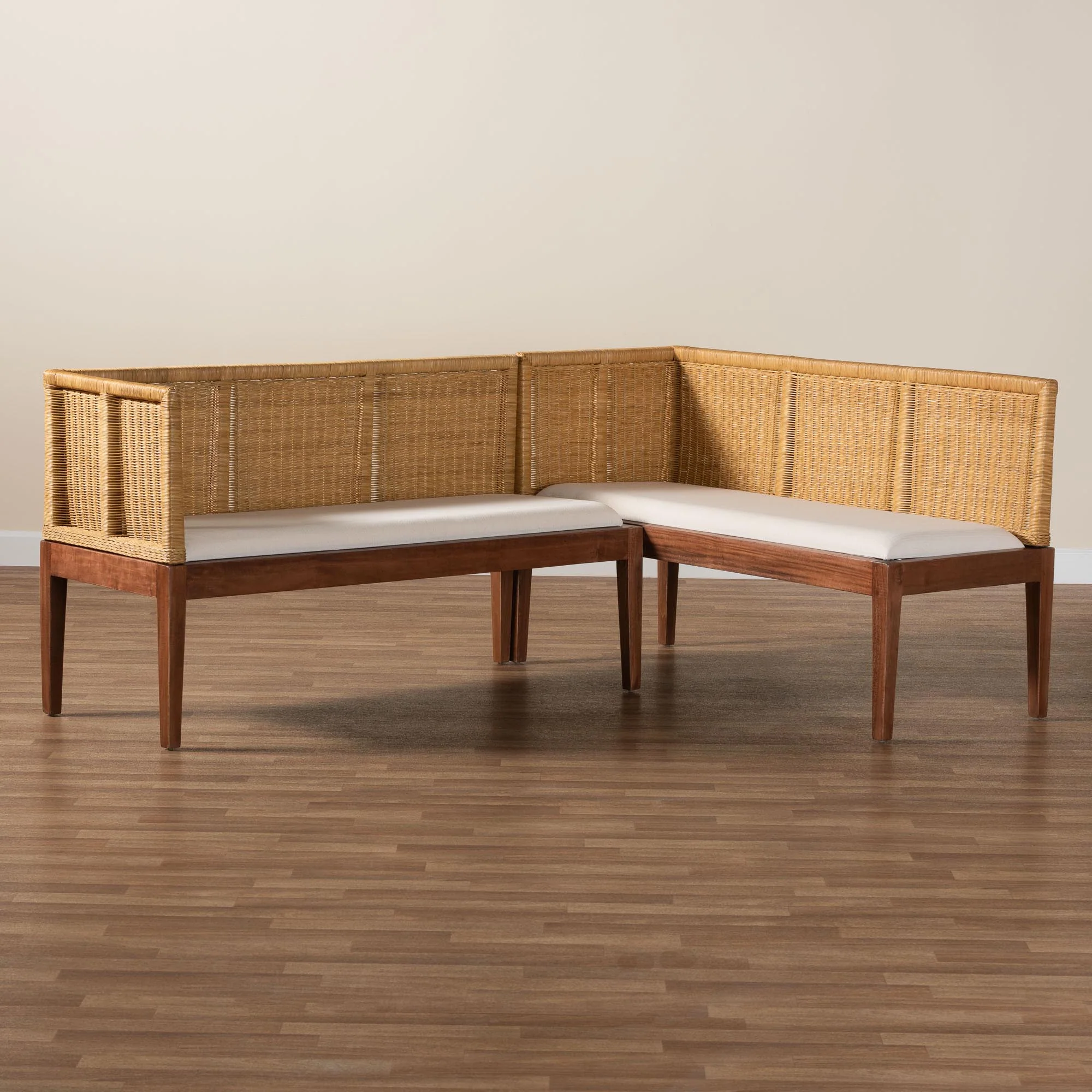 Baxton Studio bali & pari Tabanan Modern Bohemian Nautral Brown Rattan and Brown Acacia Wood 2-Piece Dining Nook Banquette Set - Image 8